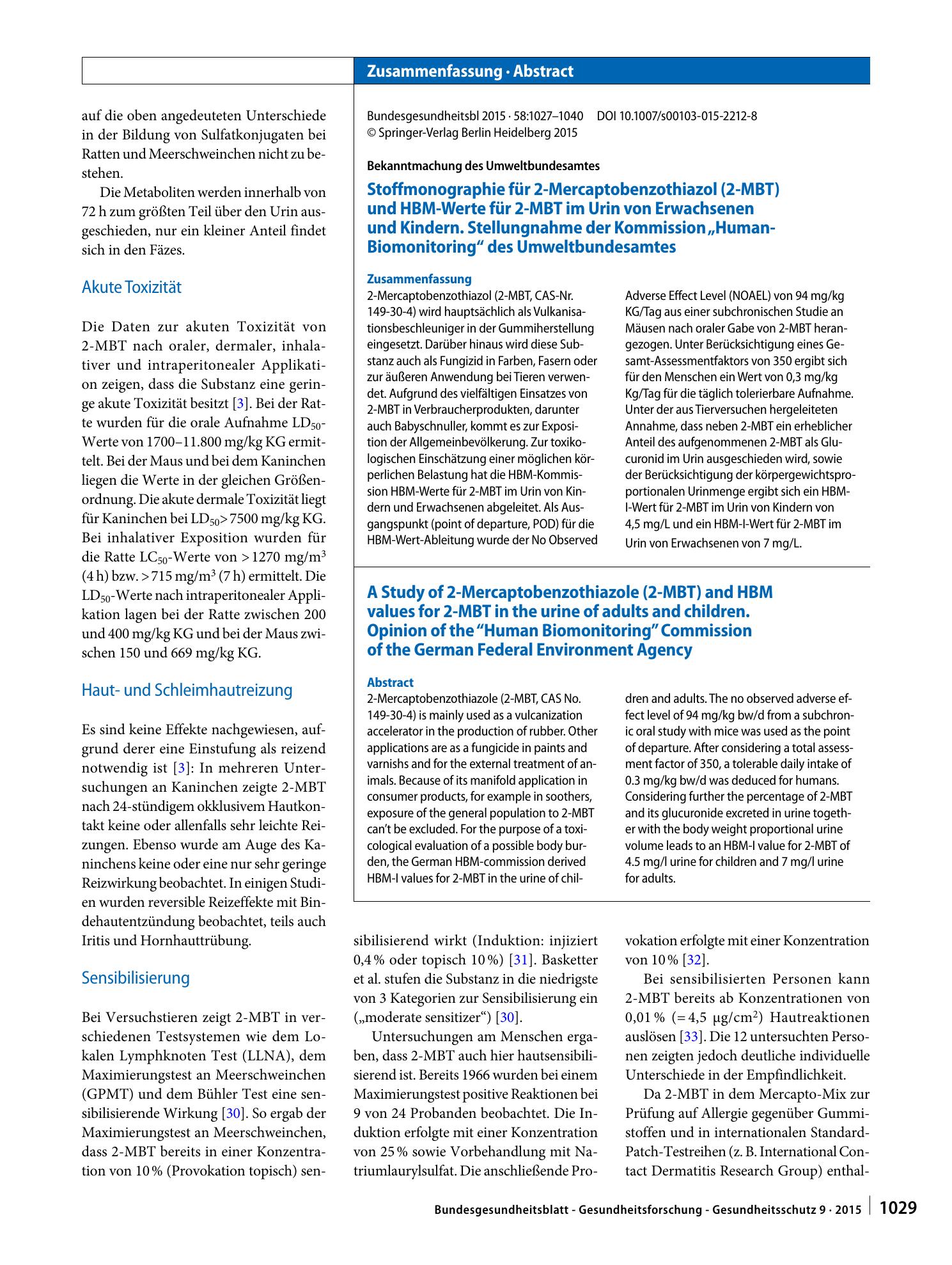 Vorschauseite 3: Stoffmonographie für 2-Mercaptobenzothiazol (2-MBT) und HBM-Werte für 2-MBT im Urin von Erwachsenen und Kindern