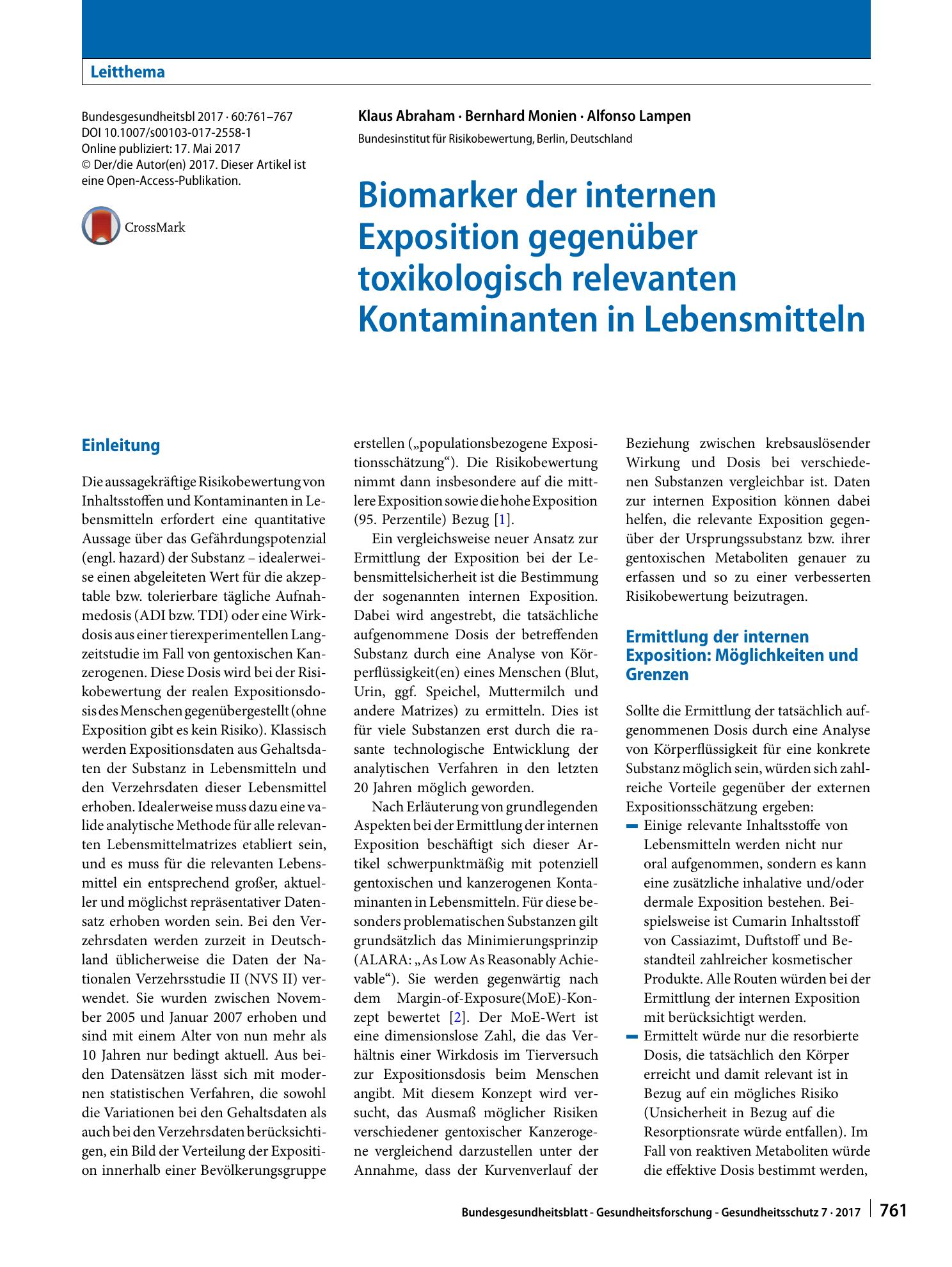 Vorschauseite 1: Biomarker der internen Exposition gegenüber toxikologisch relevanten Kontaminanten in Lebensmitteln