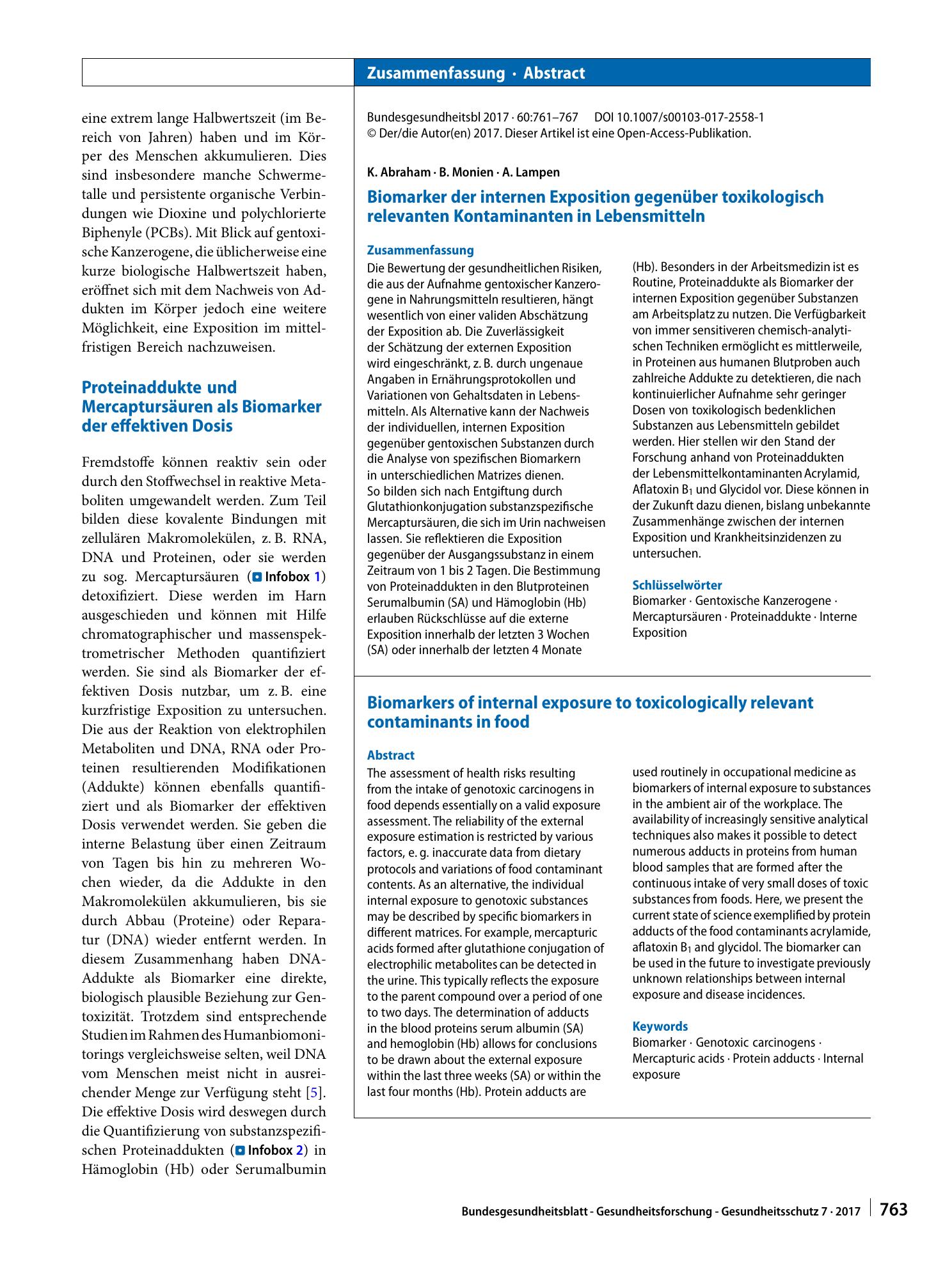 Vorschauseite 3: Biomarker der internen Exposition gegenüber toxikologisch relevanten Kontaminanten in Lebensmitteln