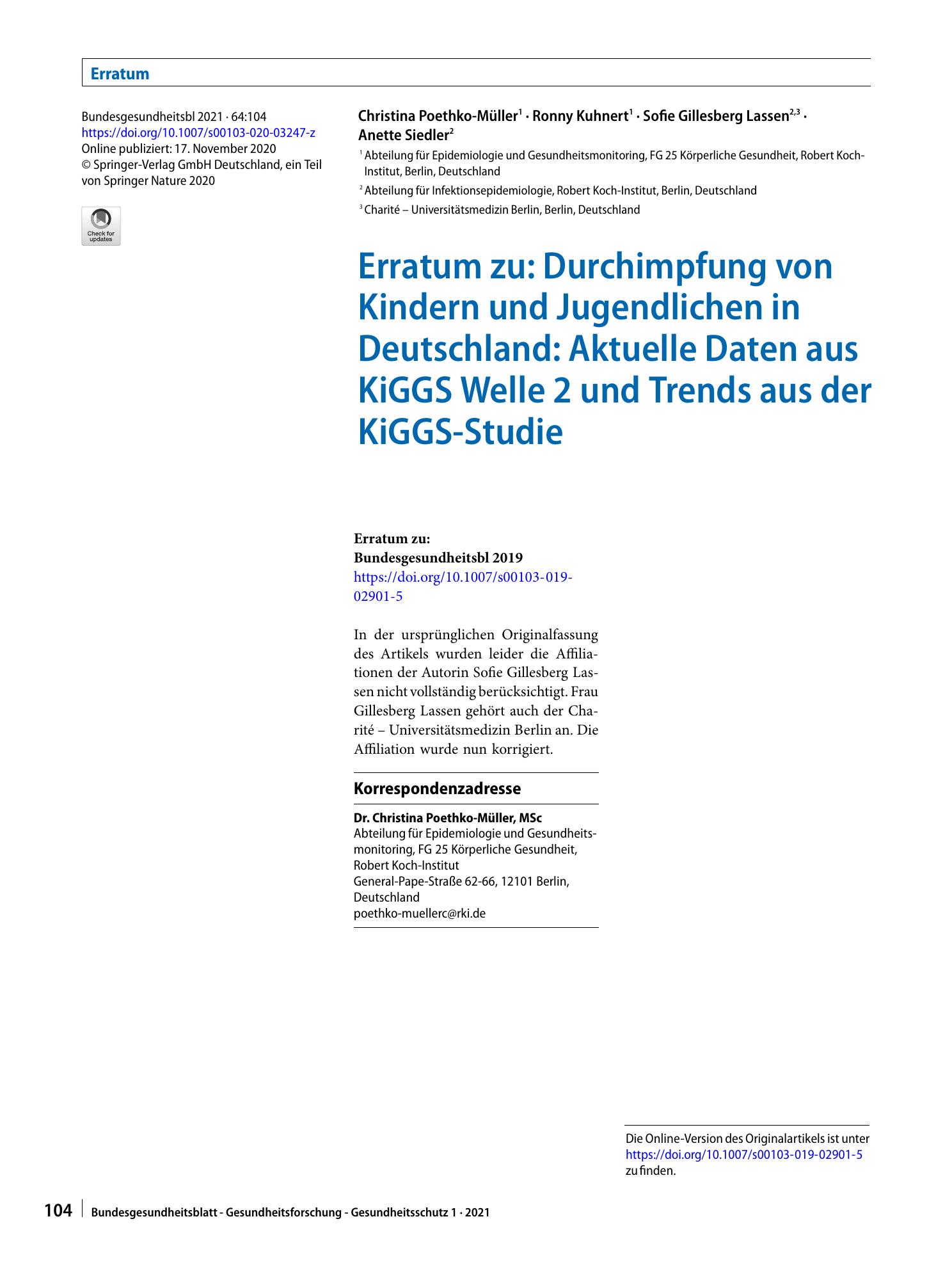 Vorschauseite 1: Erratum zu: Durchimpfung von Kindern und Jugendlichen in Deutschland: Aktuelle Daten aus KiGGS Welle 2 und Trends aus der KiGGS-Studie