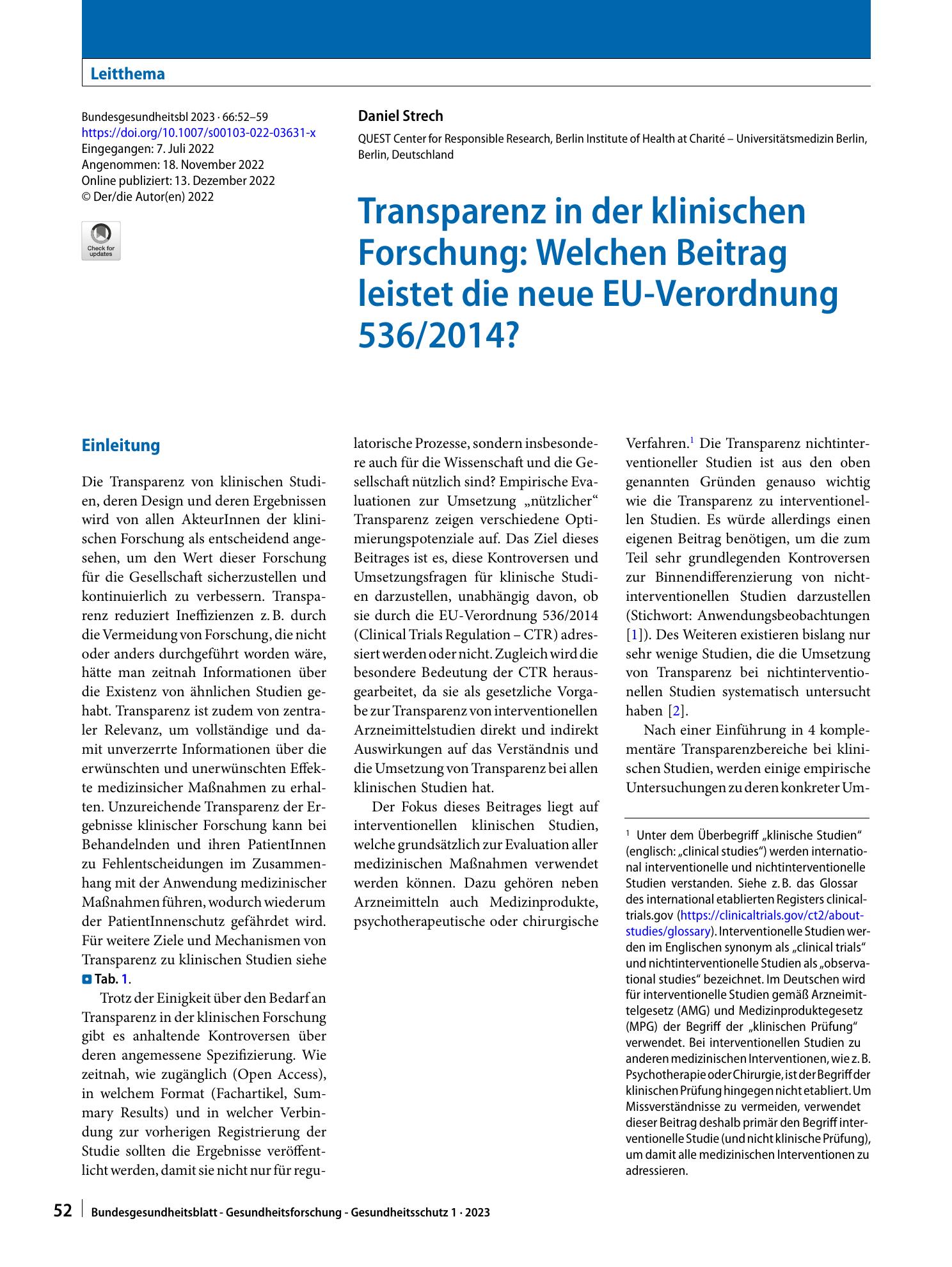 Vorschauseite 1: Transparenz in der klinischen Forschung: Welchen Beitrag leistet die neue EU-Verordnung 536/2014?