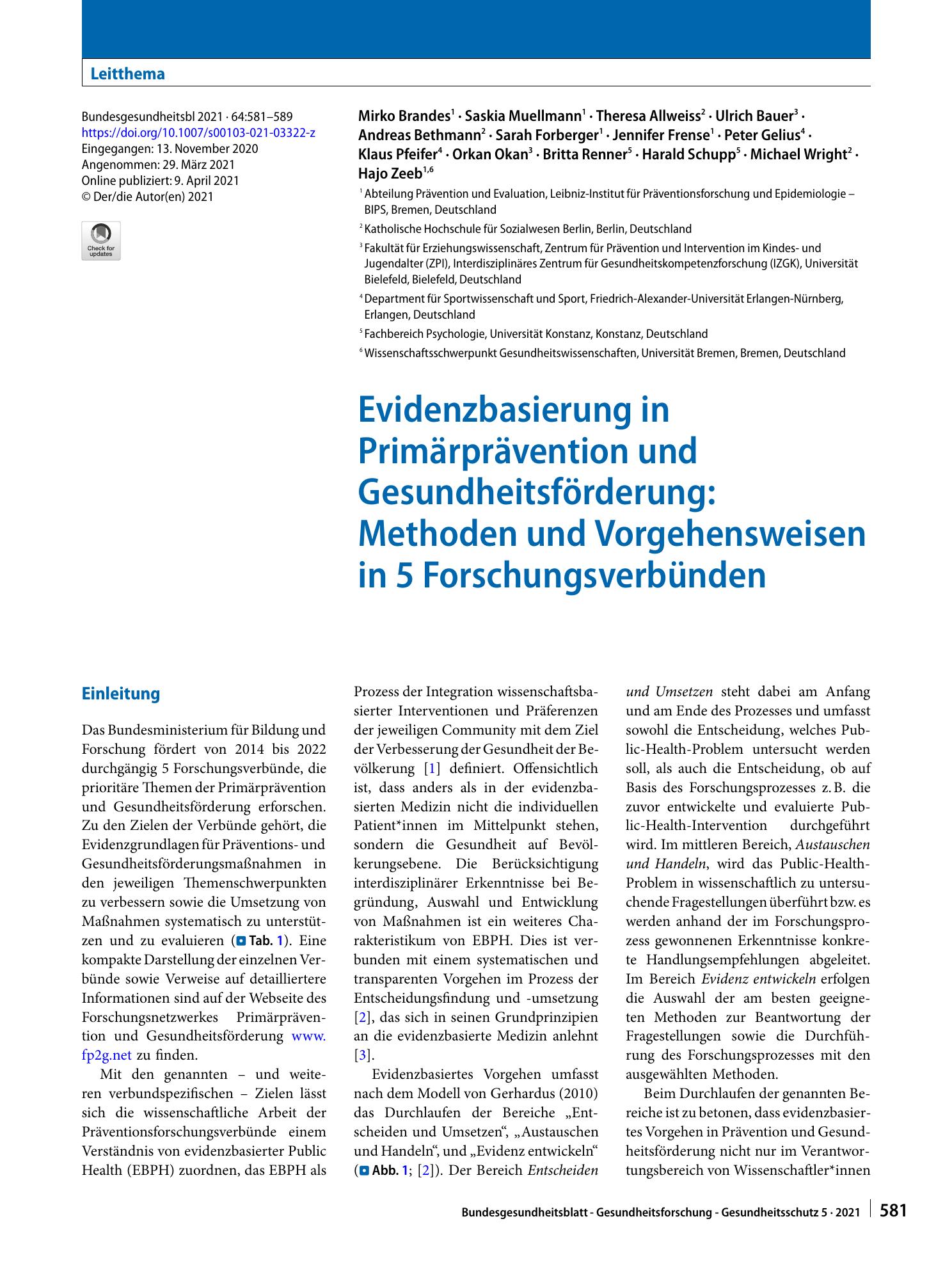 Vorschauseite 1: Evidenzbasierung in Primärprävention und Gesundheitsförderung: Methoden und Vorgehensweisen in 5 Forschungsverbünden