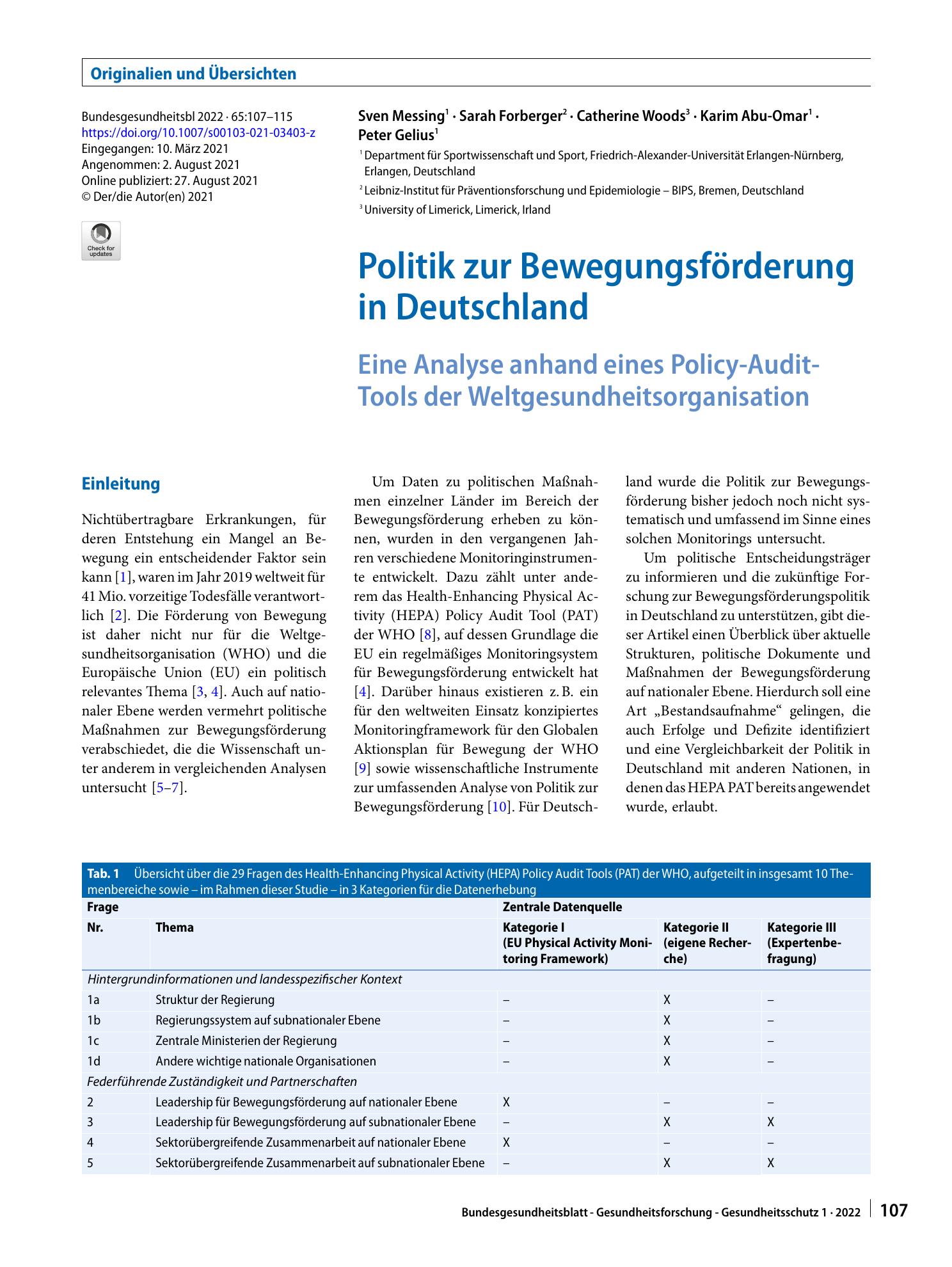Vorschauseite 1: Politik zur Bewegungsförderung in Deutschland