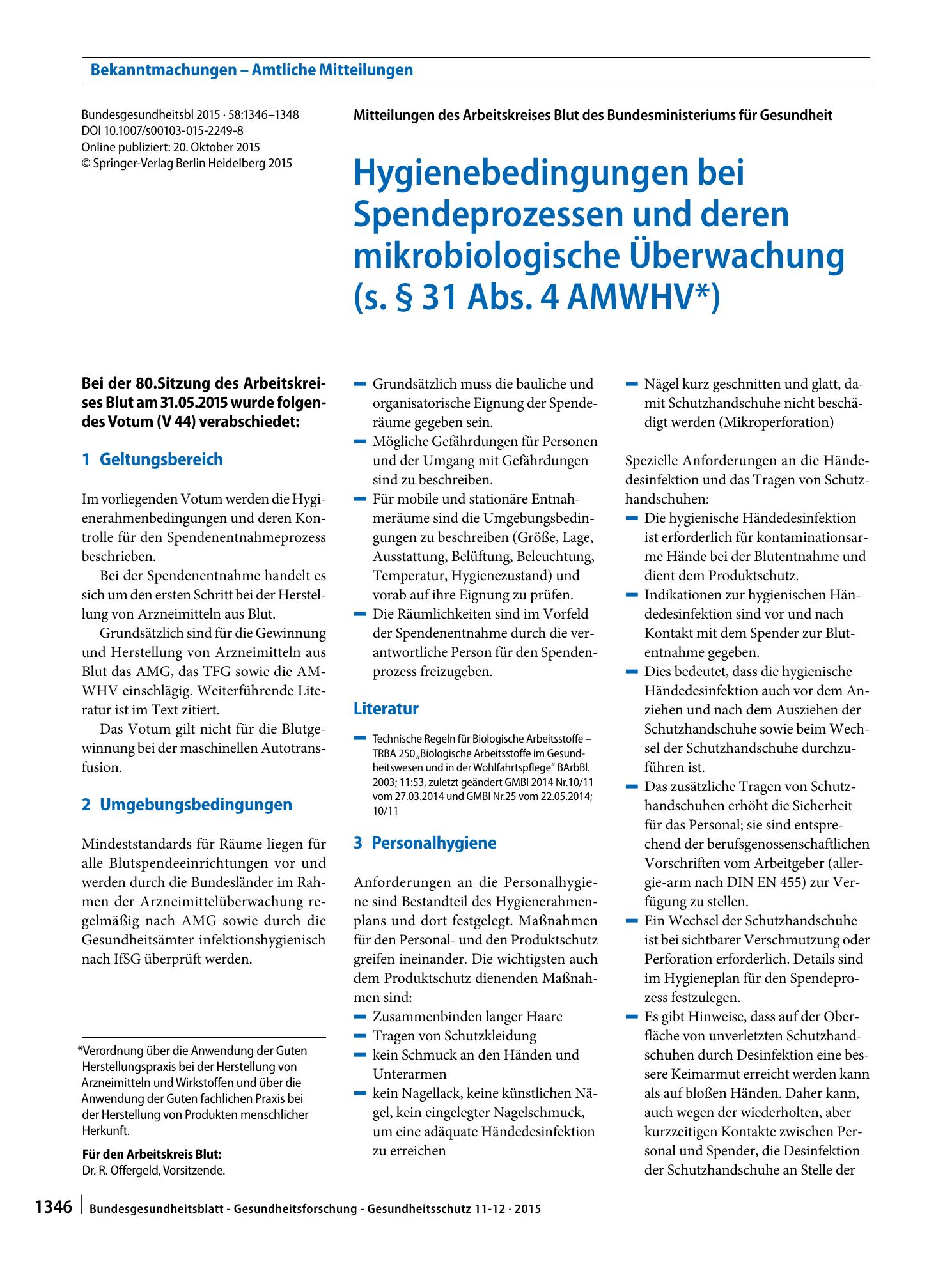 Vorschauseite 1: Hygienebedingungen bei Spendeprozessen und deren mikrobiologische Überwachung (s. § 31 Abs. 4 AMWHV*)