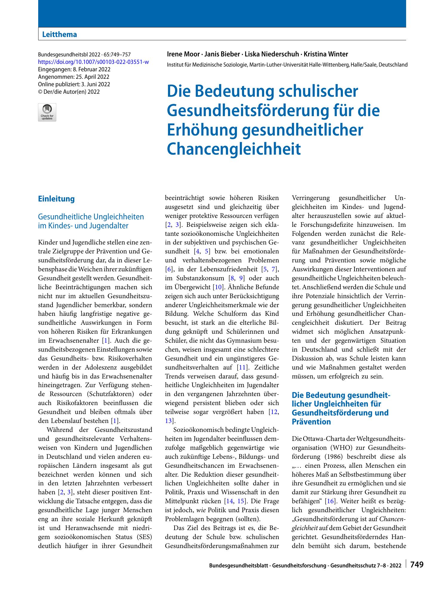 Vorschauseite 1: Die Bedeutung schulischer Gesundheitsförderung für die Erhöhung gesundheitlicher Chancengleichheit