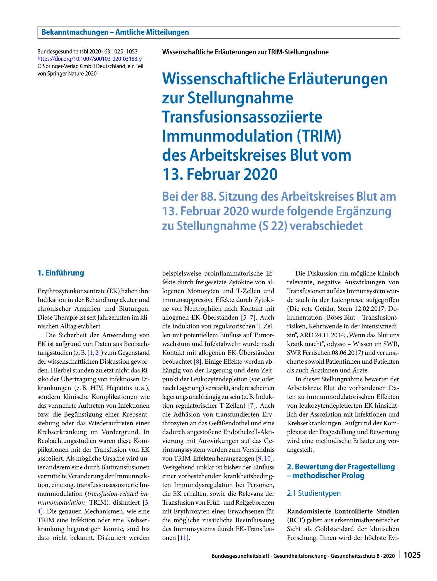 Vorschauseite 1: Wissenschaftliche Erläuterungen zur Stellungnahme Transfusionsassoziierte Immunmodulation (TRIM) des Arbeitskreises Blut vom 13. Februar 2020