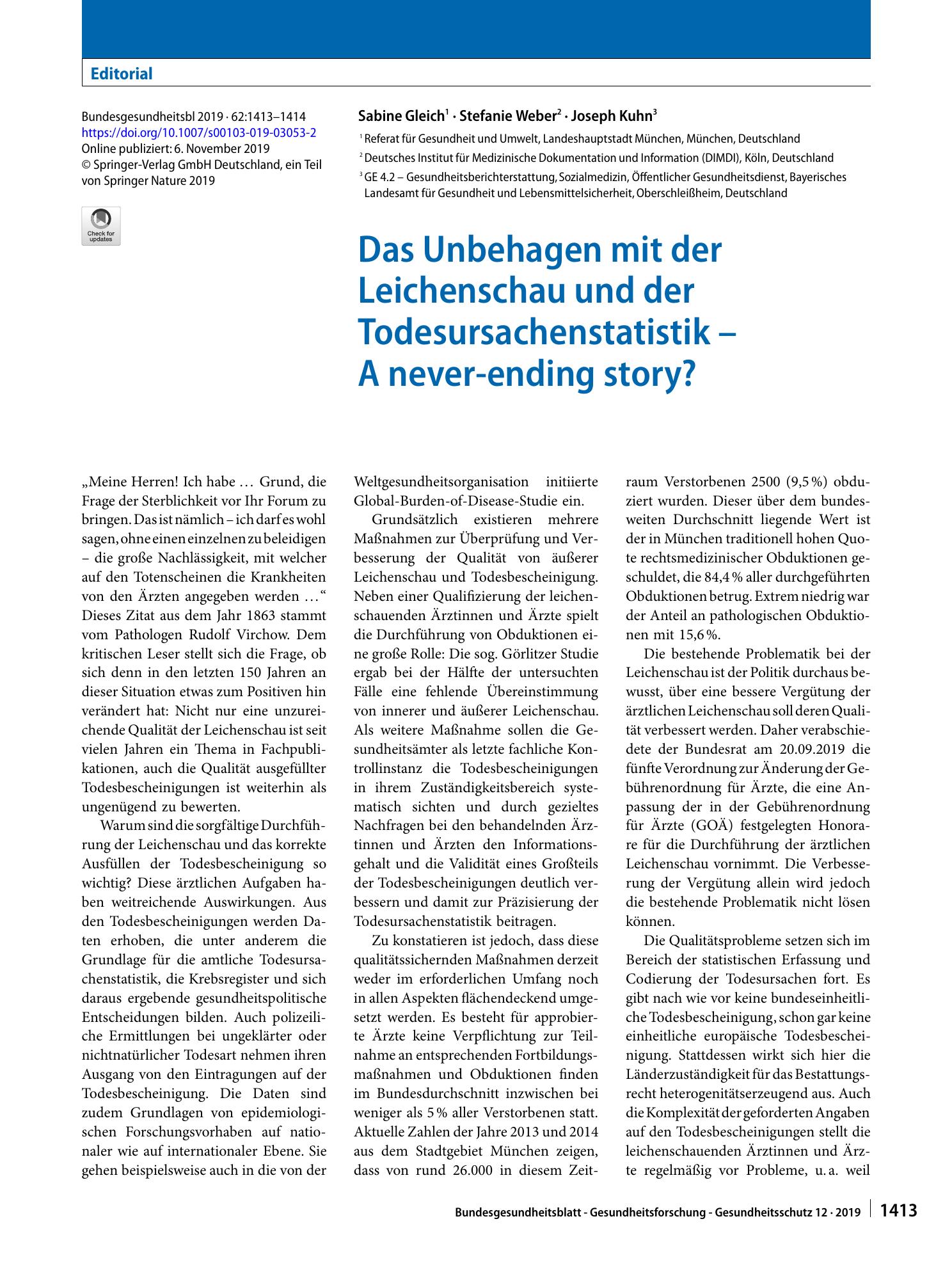 Vorschauseite 1: Das Unbehagen mit der Leichenschau und der Todesursachenstatistik – A never-ending story?