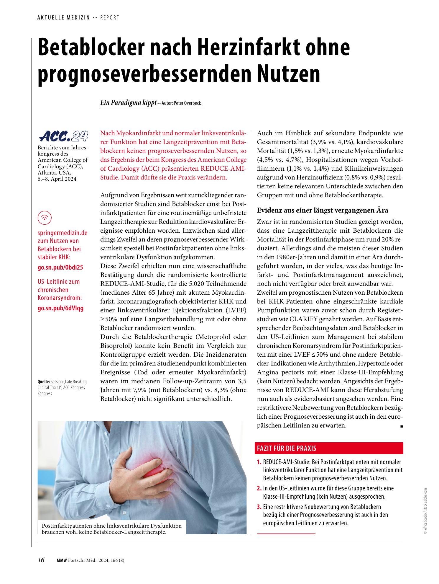 Vorschauseite 1: Betablocker nach Herzinfarkt ohne prognoseverbessernden Nutzen