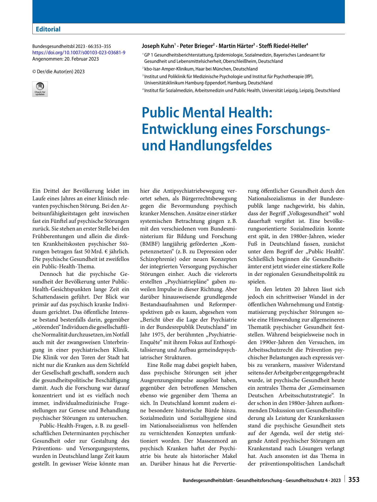 Vorschauseite 1: Public Mental Health: Entwicklung eines Forschungs- und Handlungsfeldes