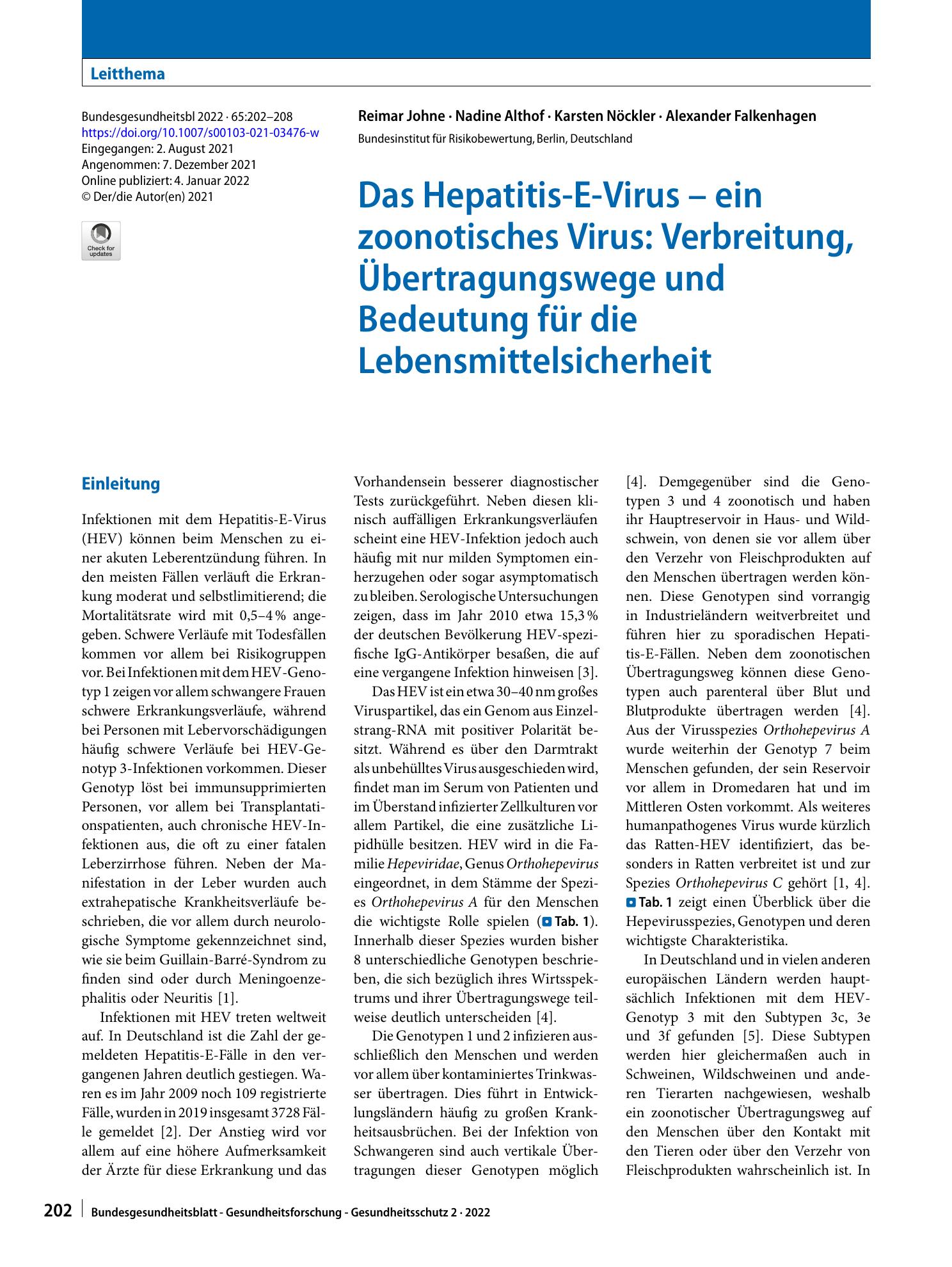 Vorschauseite 1: Das Hepatitis-E-Virus – ein zoonotisches Virus: Verbreitung, Übertragungswege und Bedeutung für die Lebensmittelsicherheit