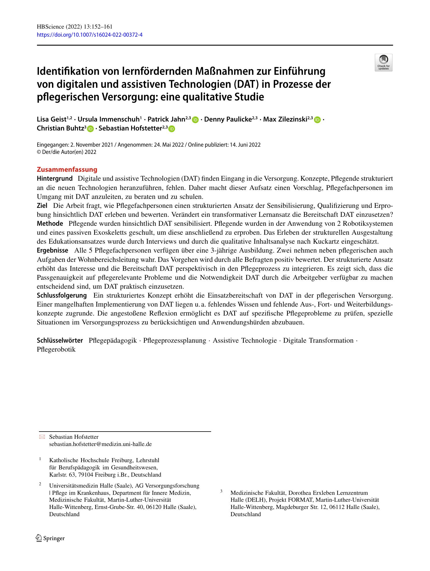 Vorschauseite 1: Identifikation von lernfördernden Maßnahmen zur Einführung von digitalen und assistiven Technologien (DAT) in Prozesse der pflegerischen Versorgung: eine qualitative Studie