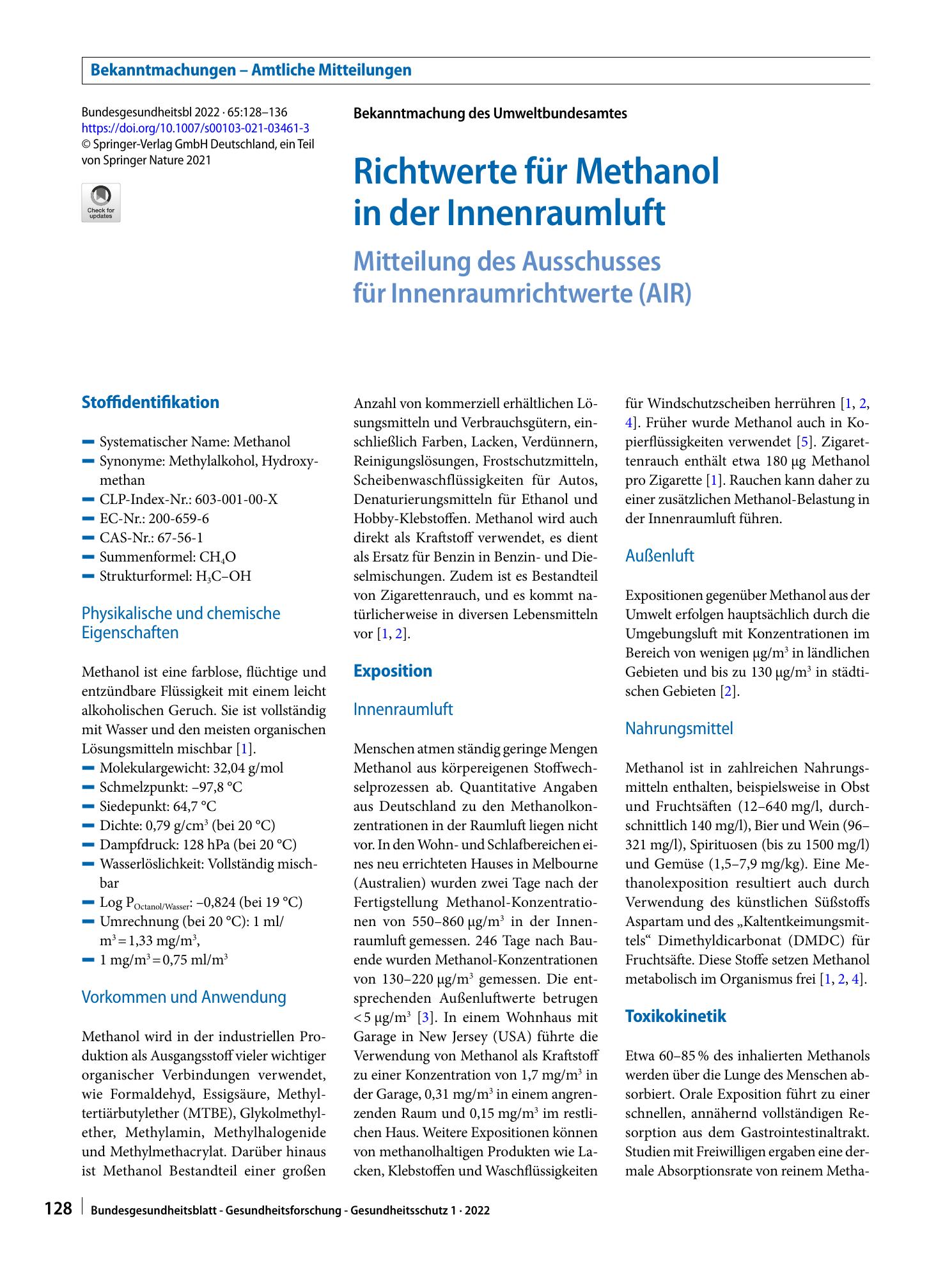 Vorschauseite 1: Richtwerte für Methanol in der Innenraumluft