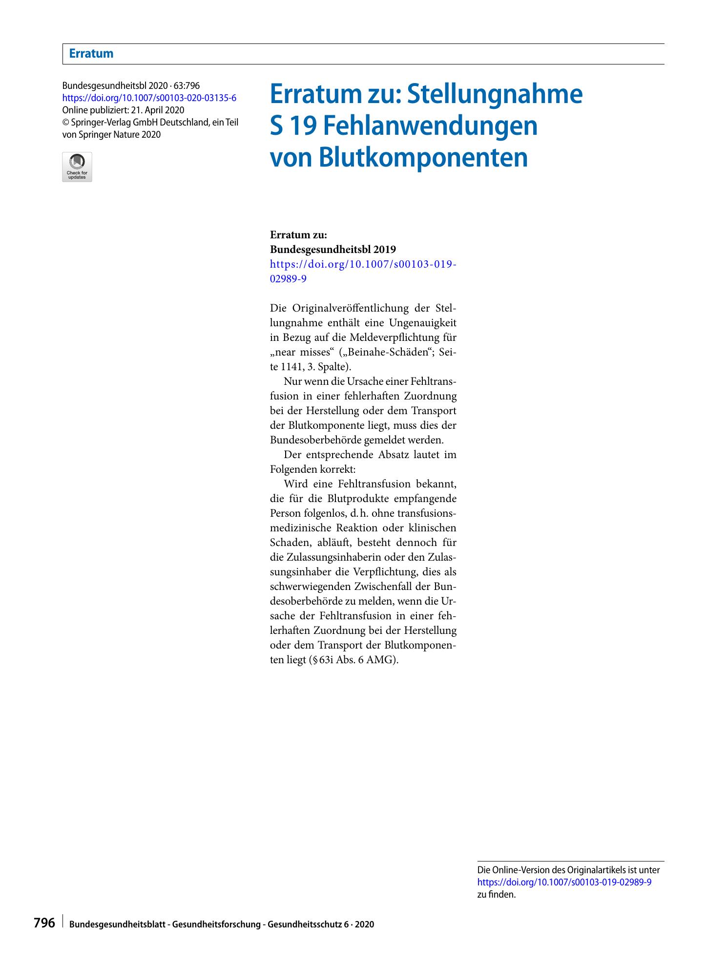 Vorschauseite 1: Erratum zu: Stellungnahme S 19 Fehlanwendungen von Blutkomponenten