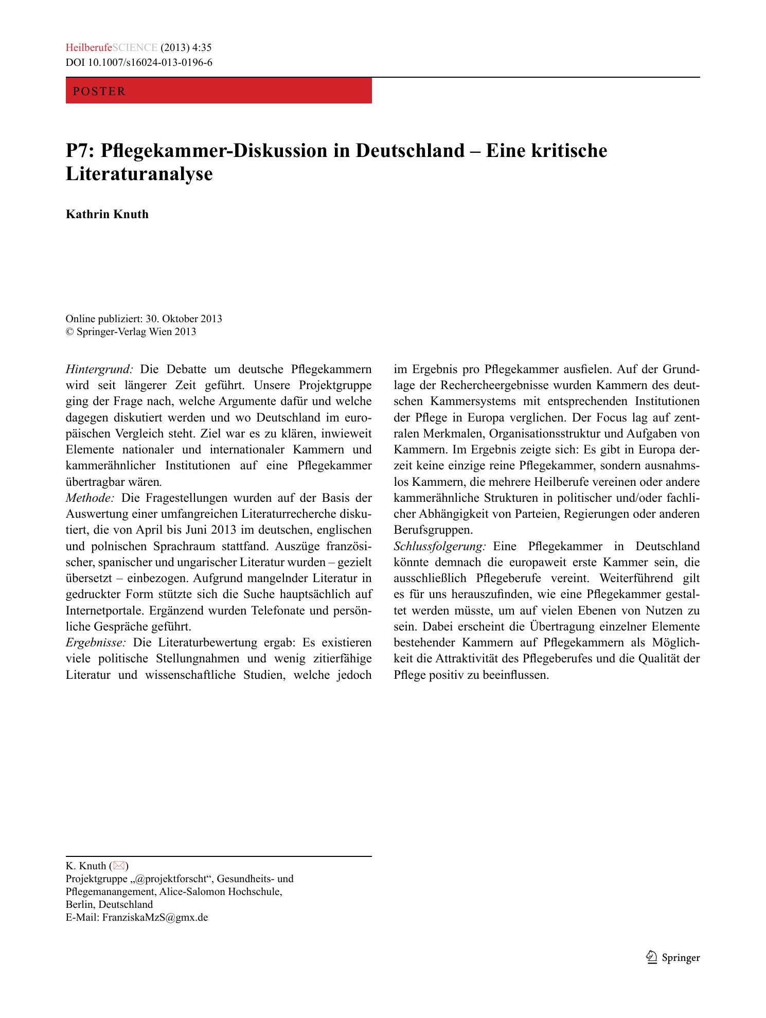 Vorschauseite 1: P7: Pflegekammer-Diskussion in Deutschland – Eine kritische Literaturanalyse