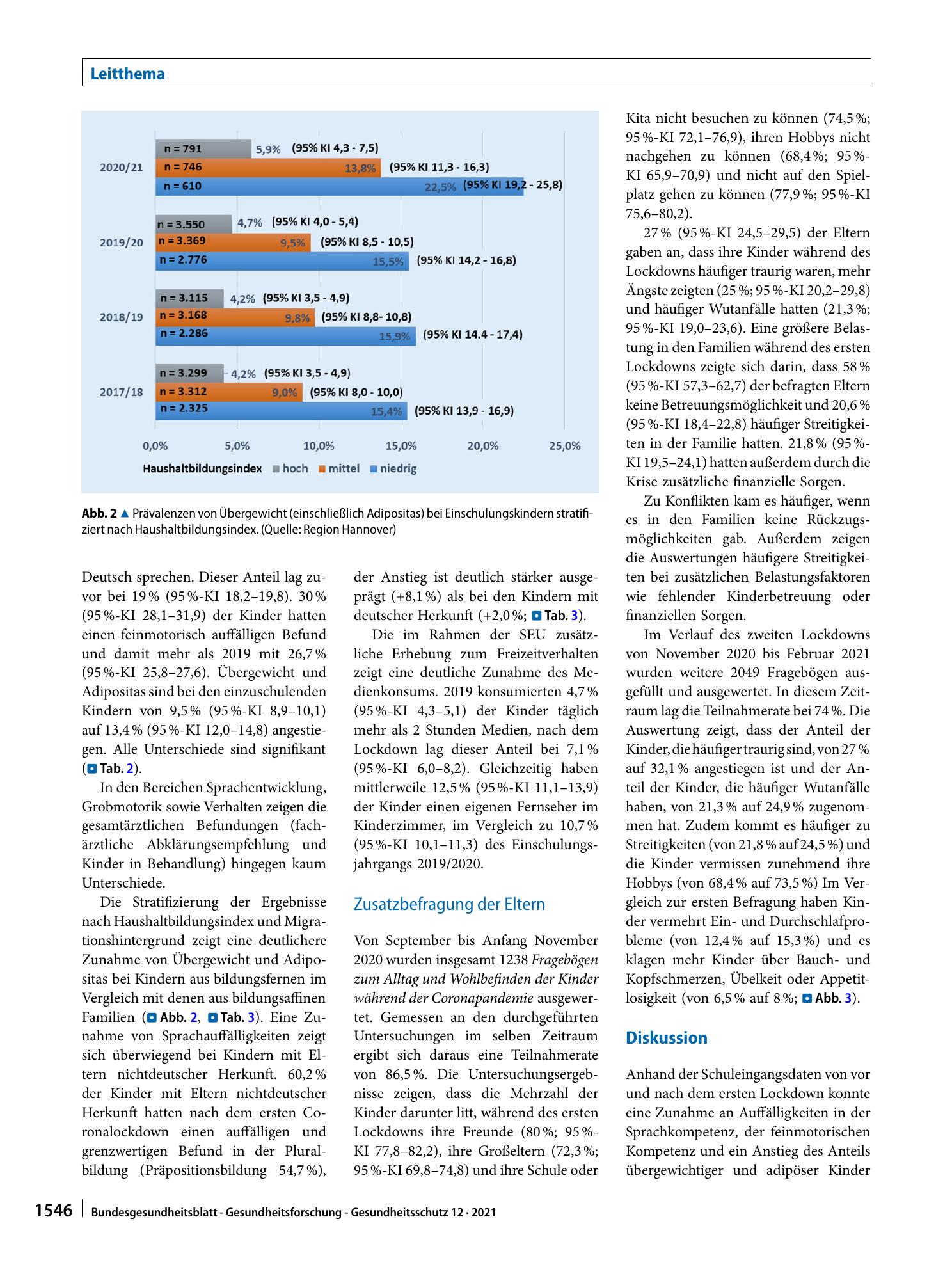 Vorschauseite 6: Kindergesundheit in der COVID-19-Pandemie: Ergebnisse aus den Schuleingangsuntersuchungen und einer Elternbefragung in der Region Hannover