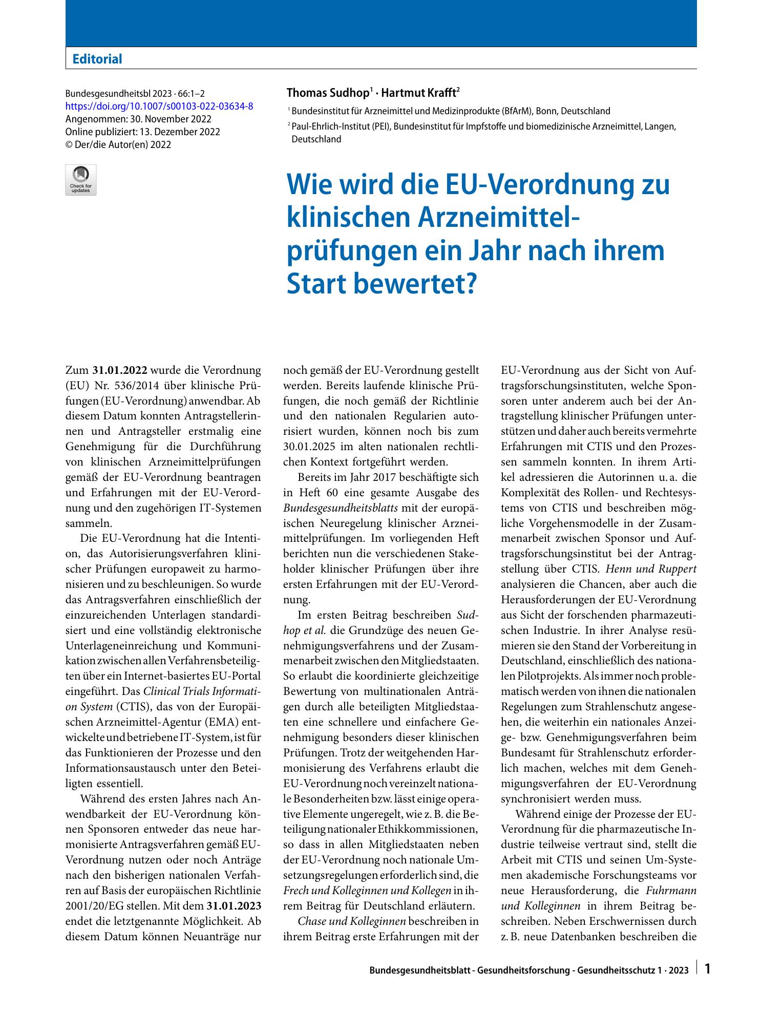 Vorschauseite 1: Wie wird die EU-Verordnung zu klinischen Arzneimittelprüfungen ein Jahr nach ihrem Start bewertet?