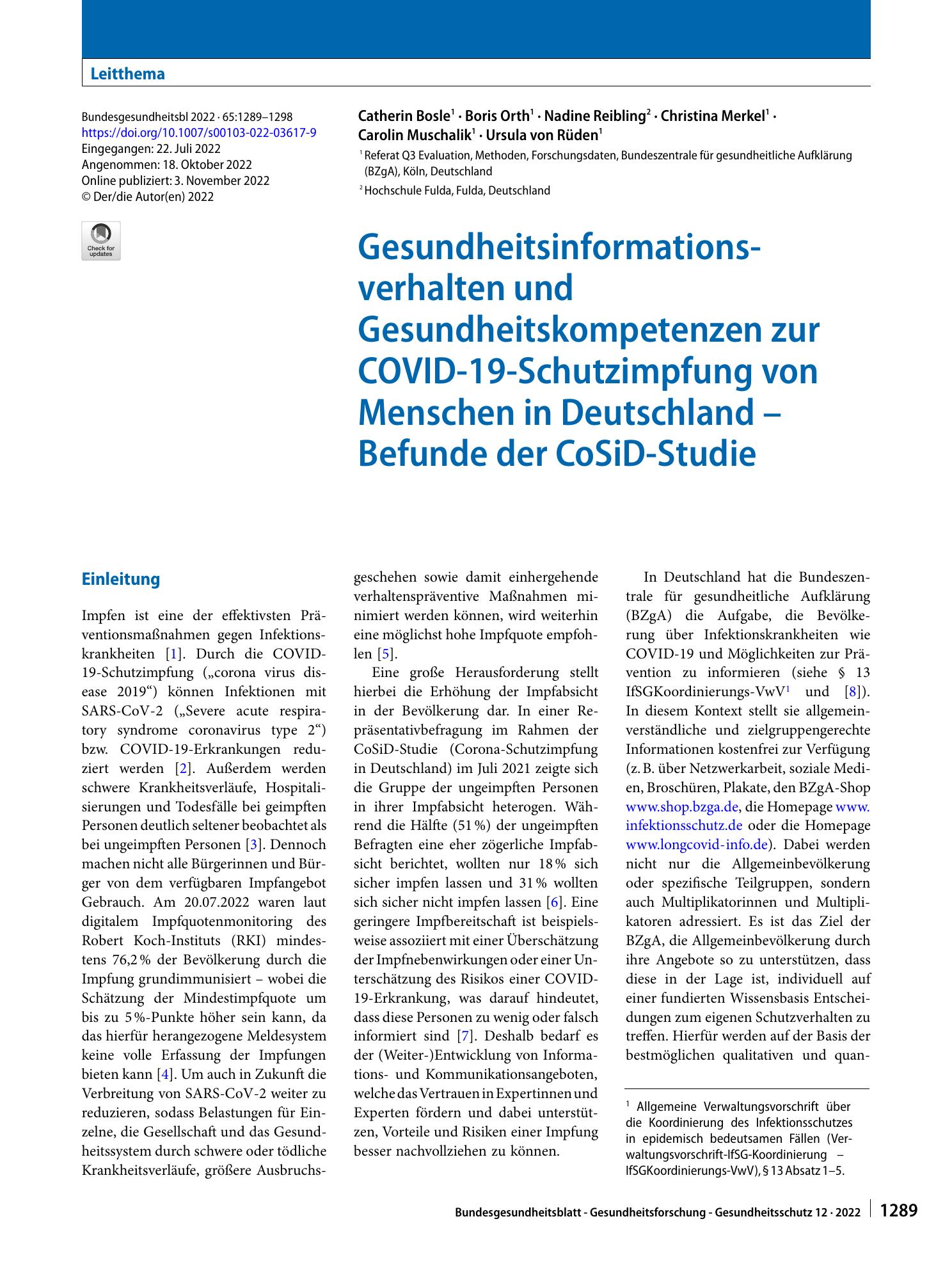 Vorschauseite 1: Gesundheitsinformationsverhalten und Gesundheitskompetenzen zur COVID-19-Schutzimpfung von Menschen in Deutschland – Befunde der CoSiD-Studie