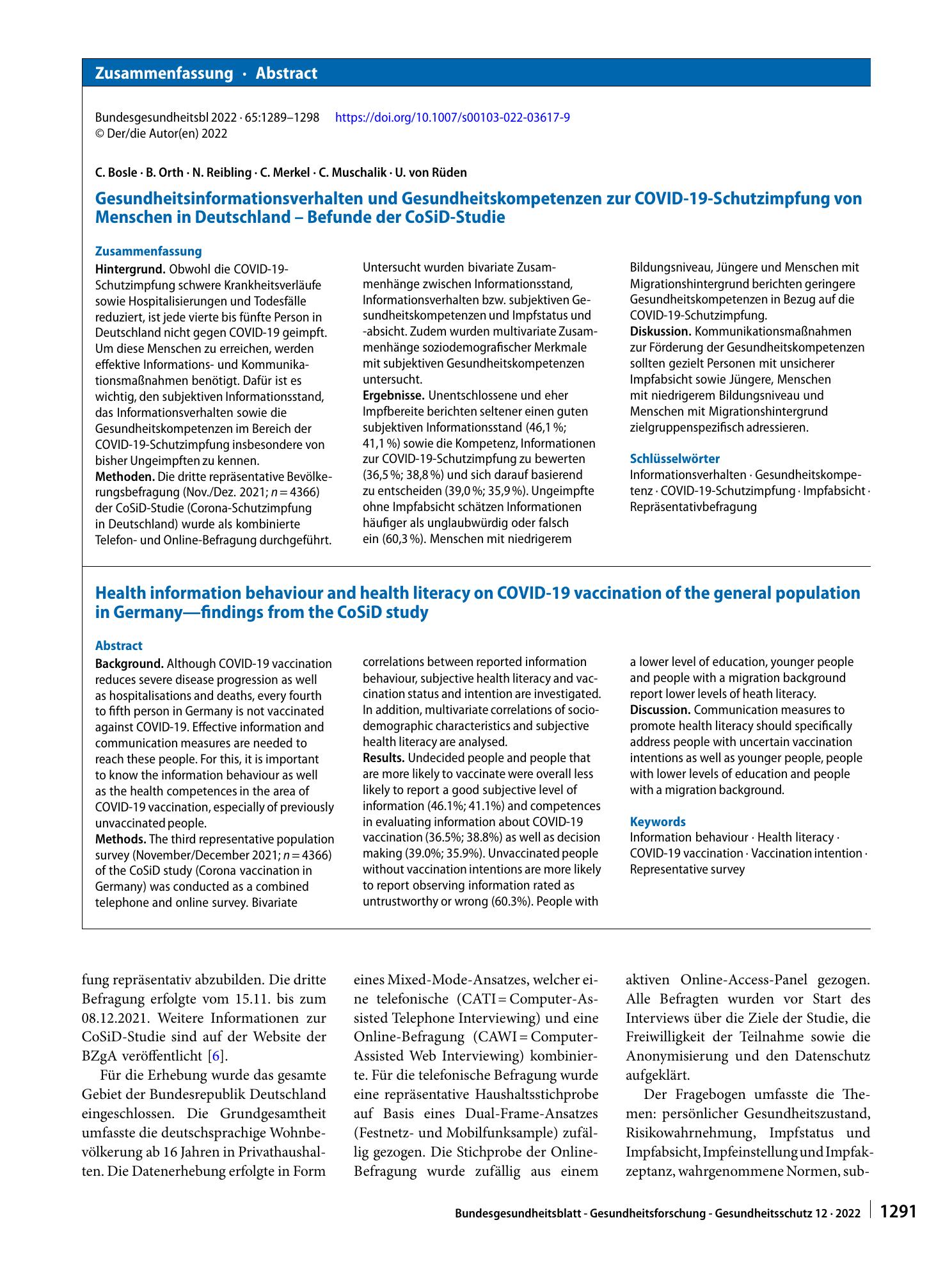 Vorschauseite 3: Gesundheitsinformationsverhalten und Gesundheitskompetenzen zur COVID-19-Schutzimpfung von Menschen in Deutschland – Befunde der CoSiD-Studie