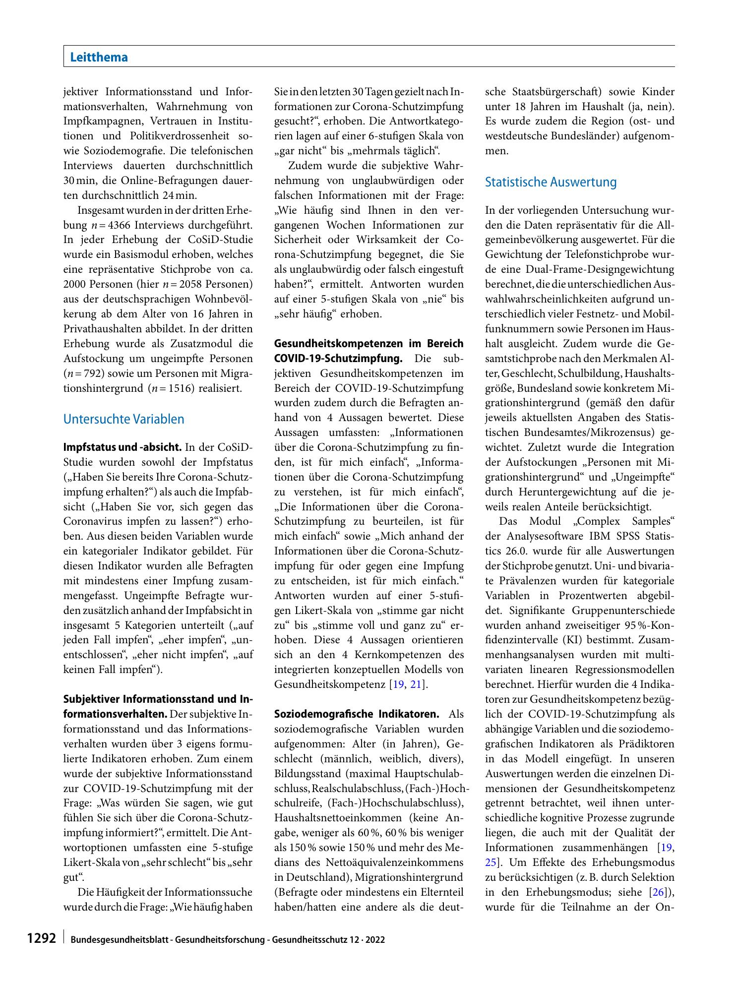 Vorschauseite 4: Gesundheitsinformationsverhalten und Gesundheitskompetenzen zur COVID-19-Schutzimpfung von Menschen in Deutschland – Befunde der CoSiD-Studie