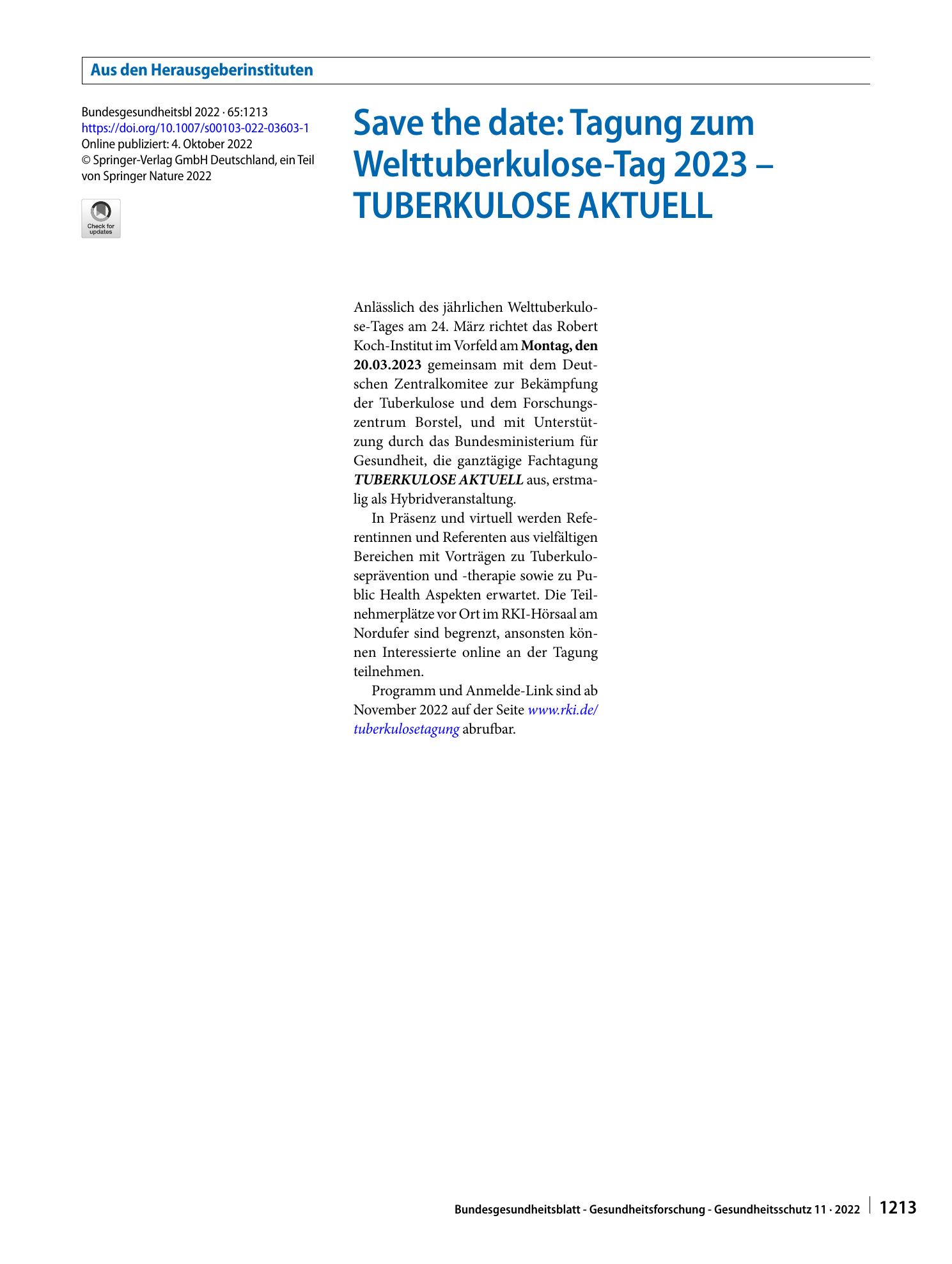 Vorschauseite 1: Save the date: Tagung zum Welttuberkulose-Tag 2023 – TUBERKULOSE AKTUELL