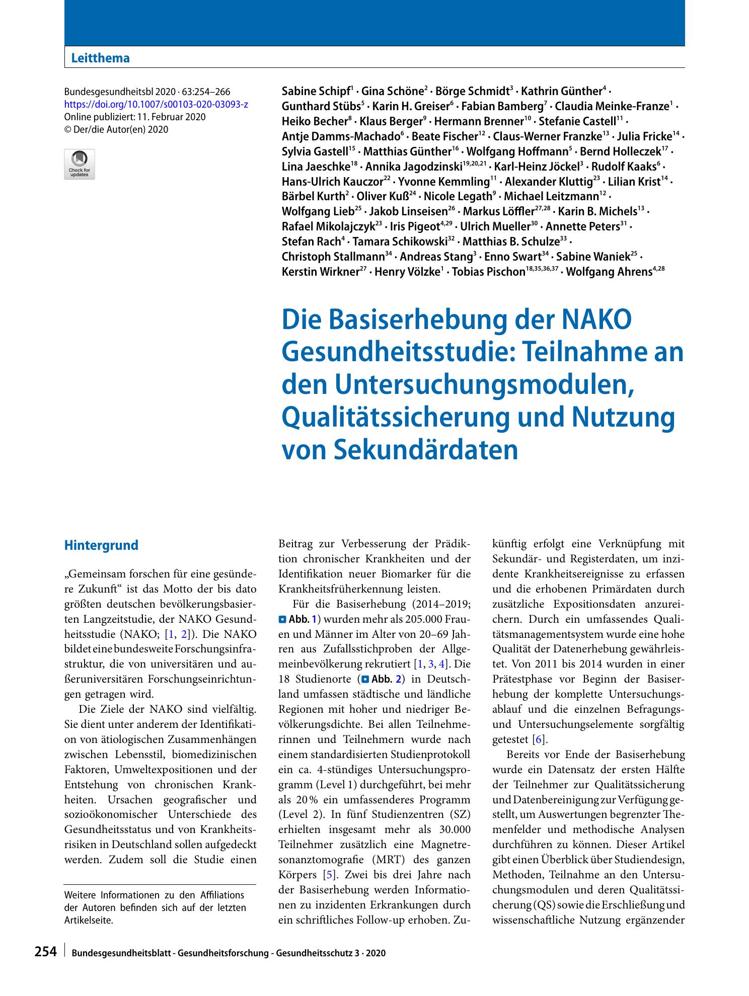 Vorschauseite 1: Die Basiserhebung der NAKO Gesundheitsstudie: Teilnahme an den Untersuchungsmodulen, Qualitätssicherung und Nutzung von Sekundärdaten