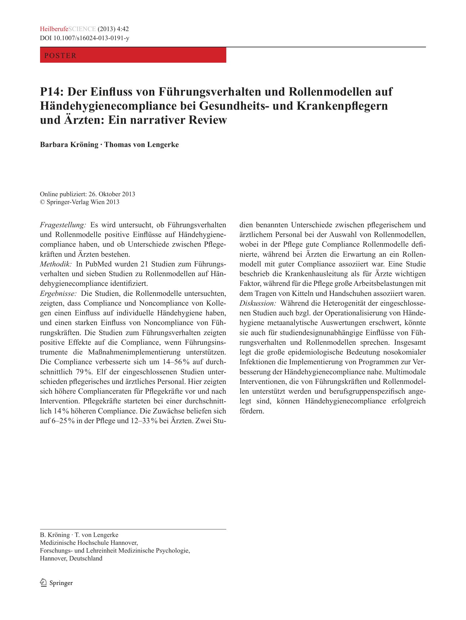 Vorschauseite 1: P14: Der Einfluss von Führungsverhalten und Rollenmodellen auf Händehygienecompliance bei Gesundheits- und Krankenpflegern und Ärzten: Ein narrativer Review