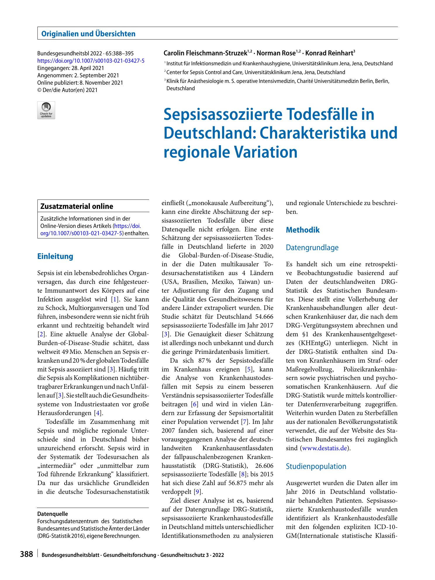 Vorschauseite 1: Sepsisassoziierte Todesfälle in Deutschland: Charakteristika und regionale Variation