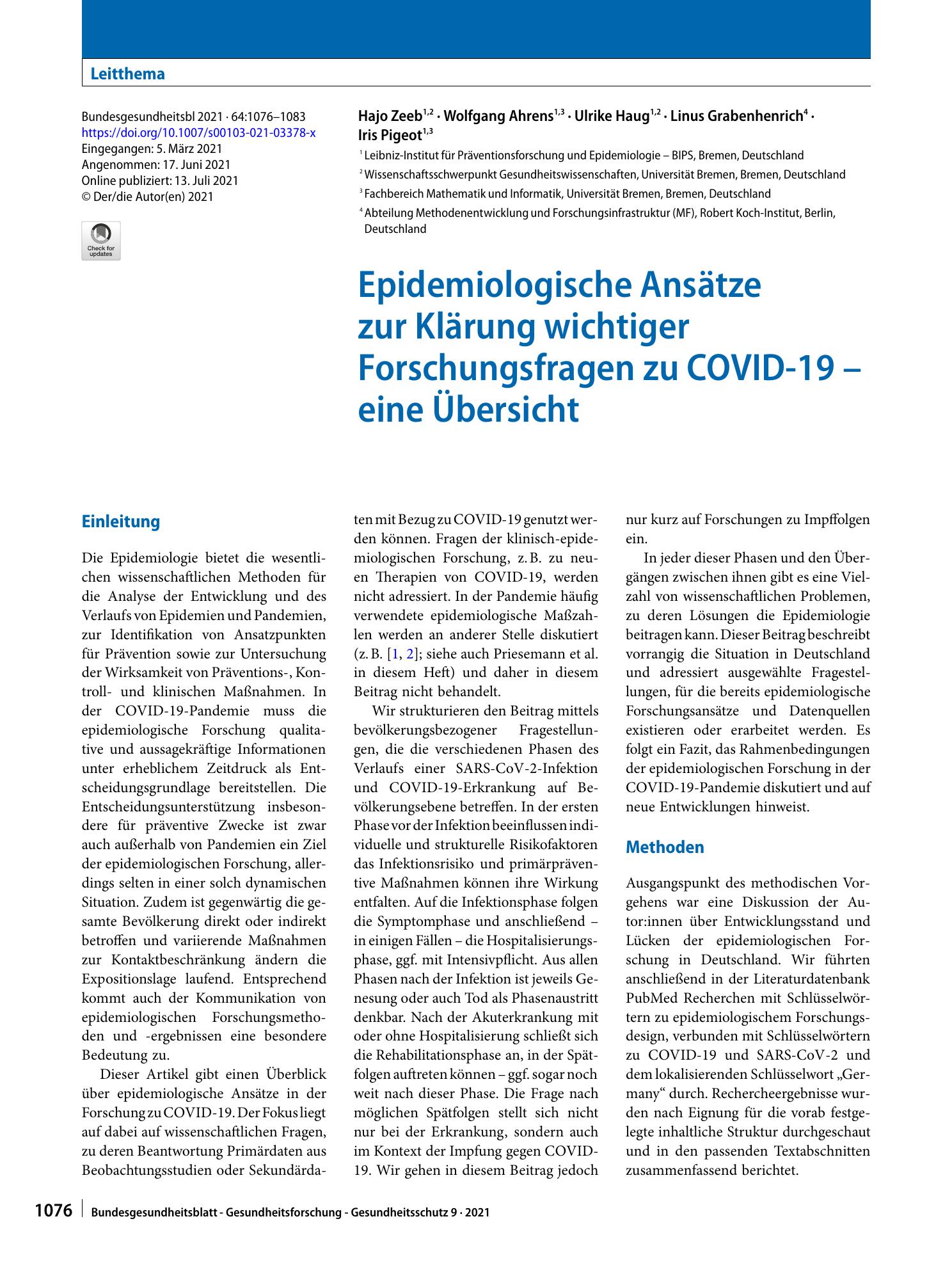 Vorschauseite 1: Epidemiologische Ansätze zur Klärung wichtiger Forschungsfragen zu COVID-19 – eine Übersicht