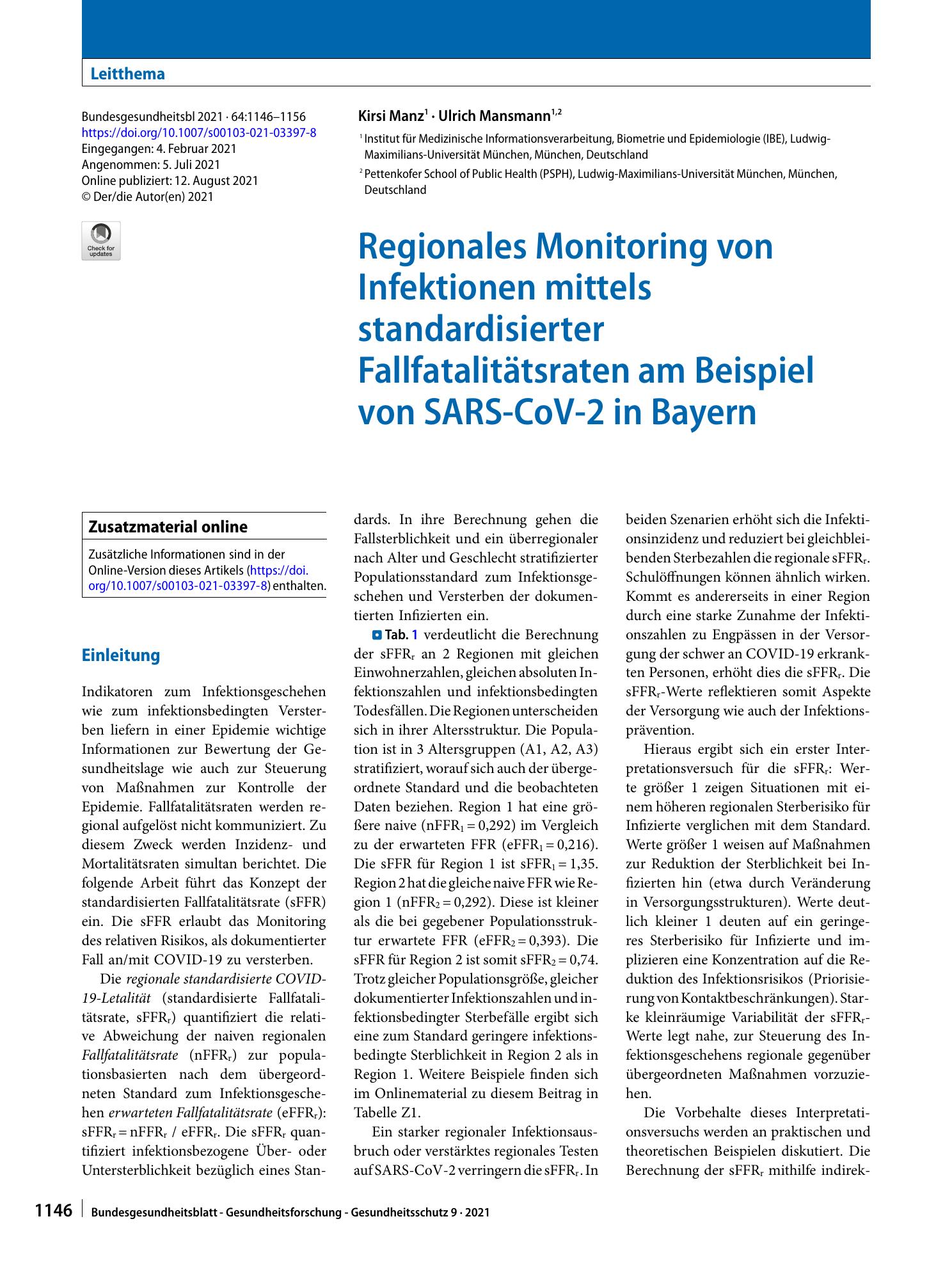Vorschauseite 1: Regionales Monitoring von Infektionen mittels standardisierter Fallfatalitätsraten am Beispiel von SARS-CoV-2 in Bayern