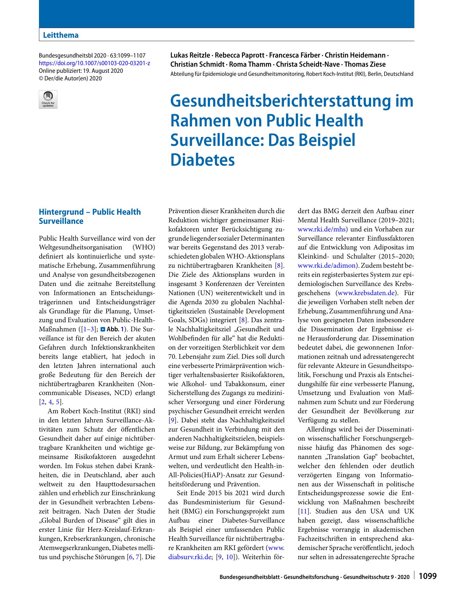 Vorschauseite 1: Gesundheitsberichterstattung im Rahmen von Public Health Surveillance: Das Beispiel Diabetes