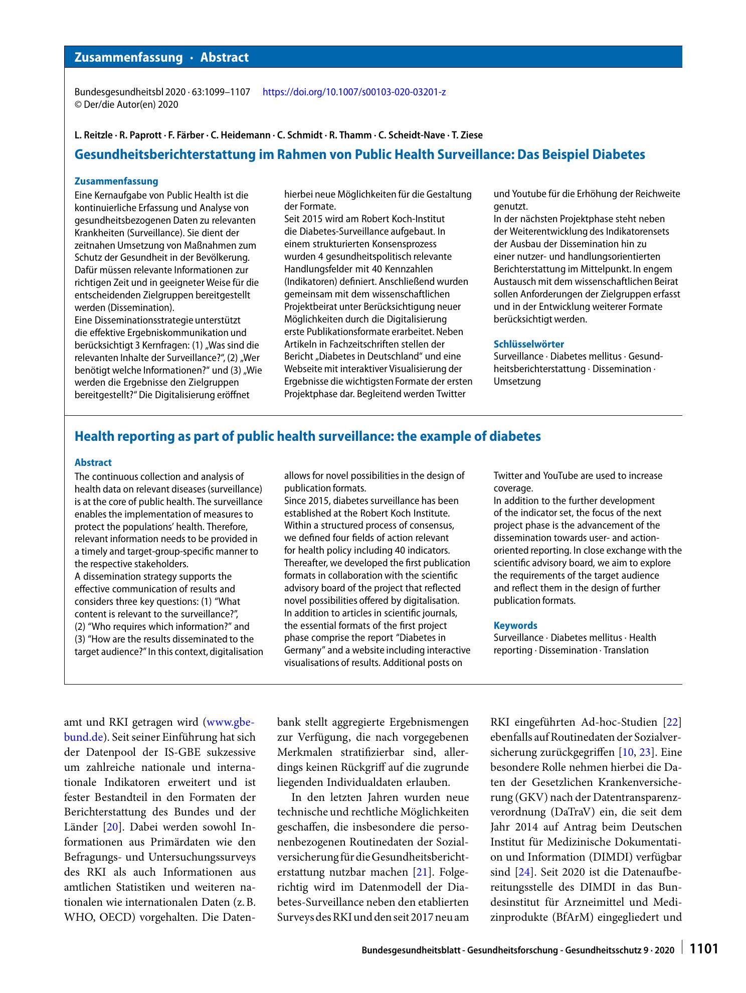 Vorschauseite 3: Gesundheitsberichterstattung im Rahmen von Public Health Surveillance: Das Beispiel Diabetes