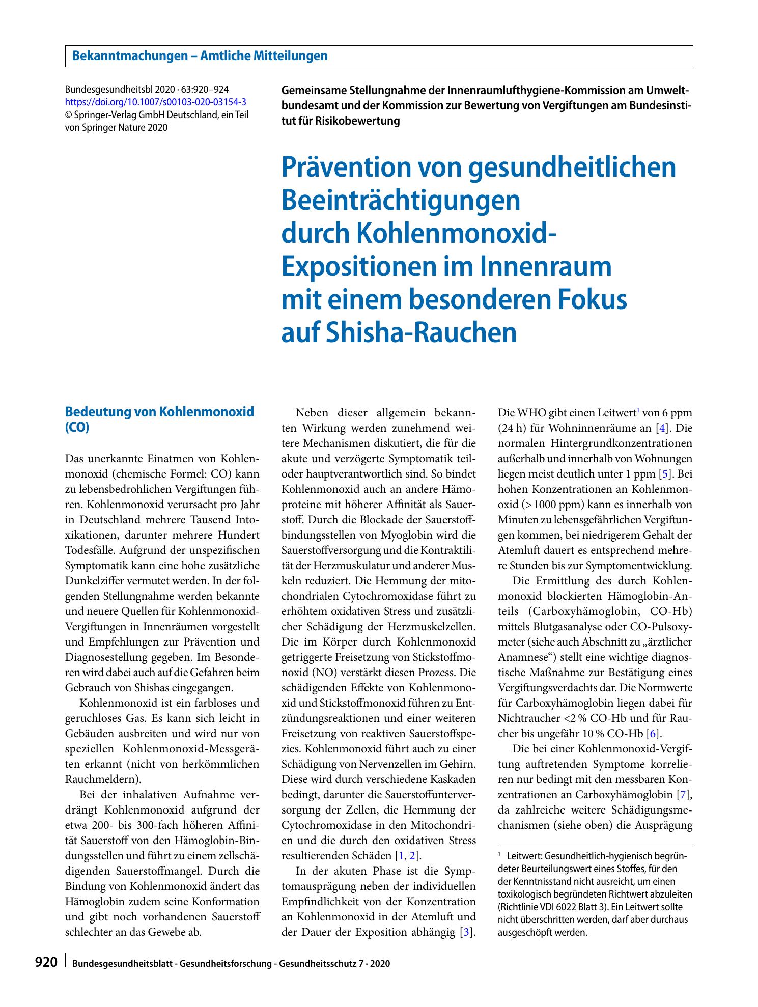 Vorschauseite 1: Prävention von gesundheitlichen Beeinträchtigungen durch Kohlenmonoxid-Expositionen im Innenraum mit einem besonderen Fokus auf Shisha-Rauchen