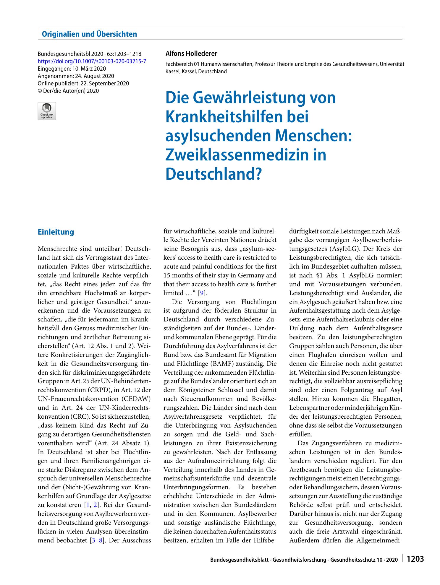 Vorschauseite 1: Die Gewährleistung von Krankheitshilfen bei asylsuchenden Menschen: Zweiklassenmedizin in Deutschland?