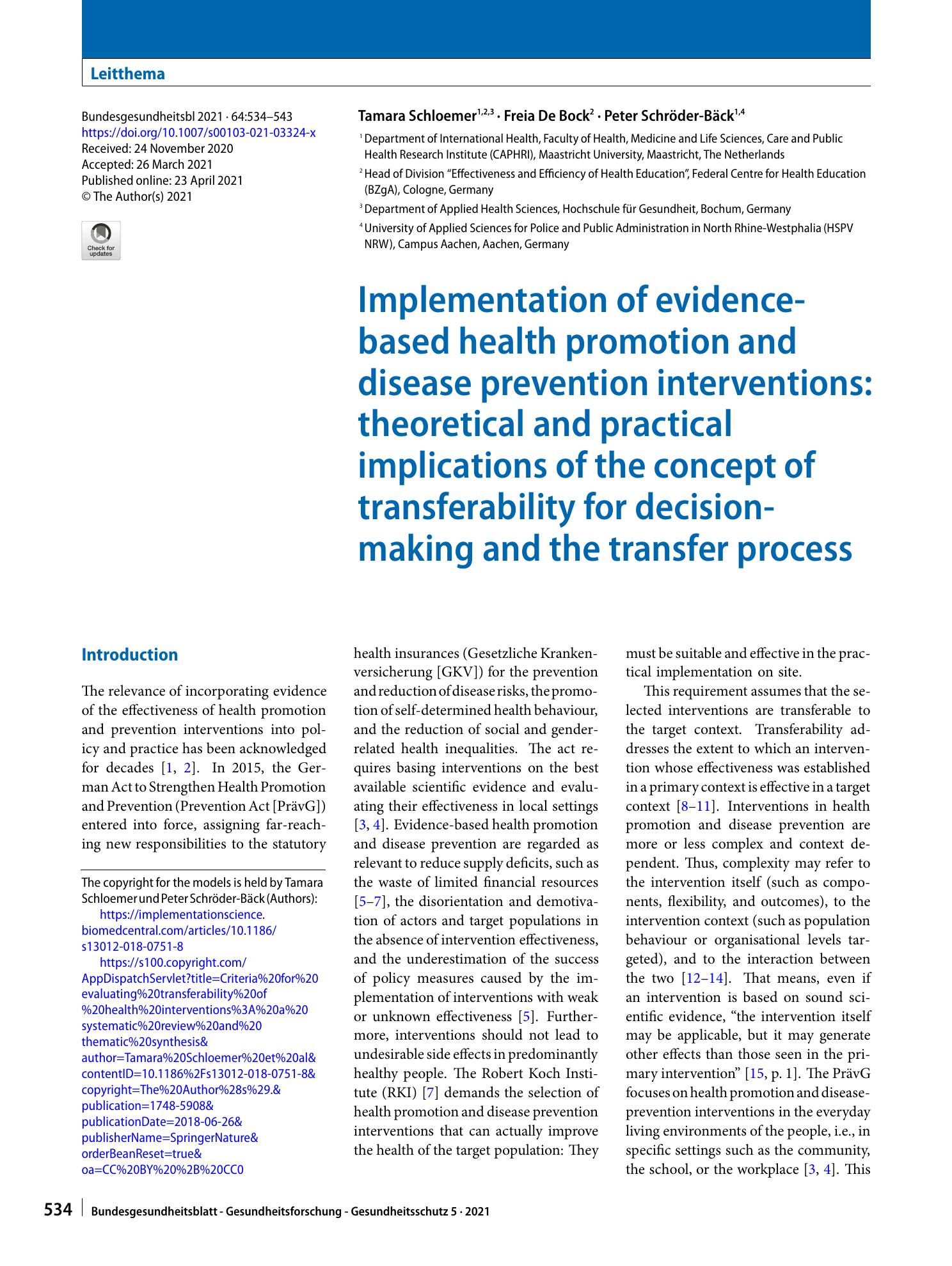 Vorschauseite 1: Implementation of evidence-based health promotion and disease prevention interventions: theoretical and practical implications of the concept of transferability for decision-makin…