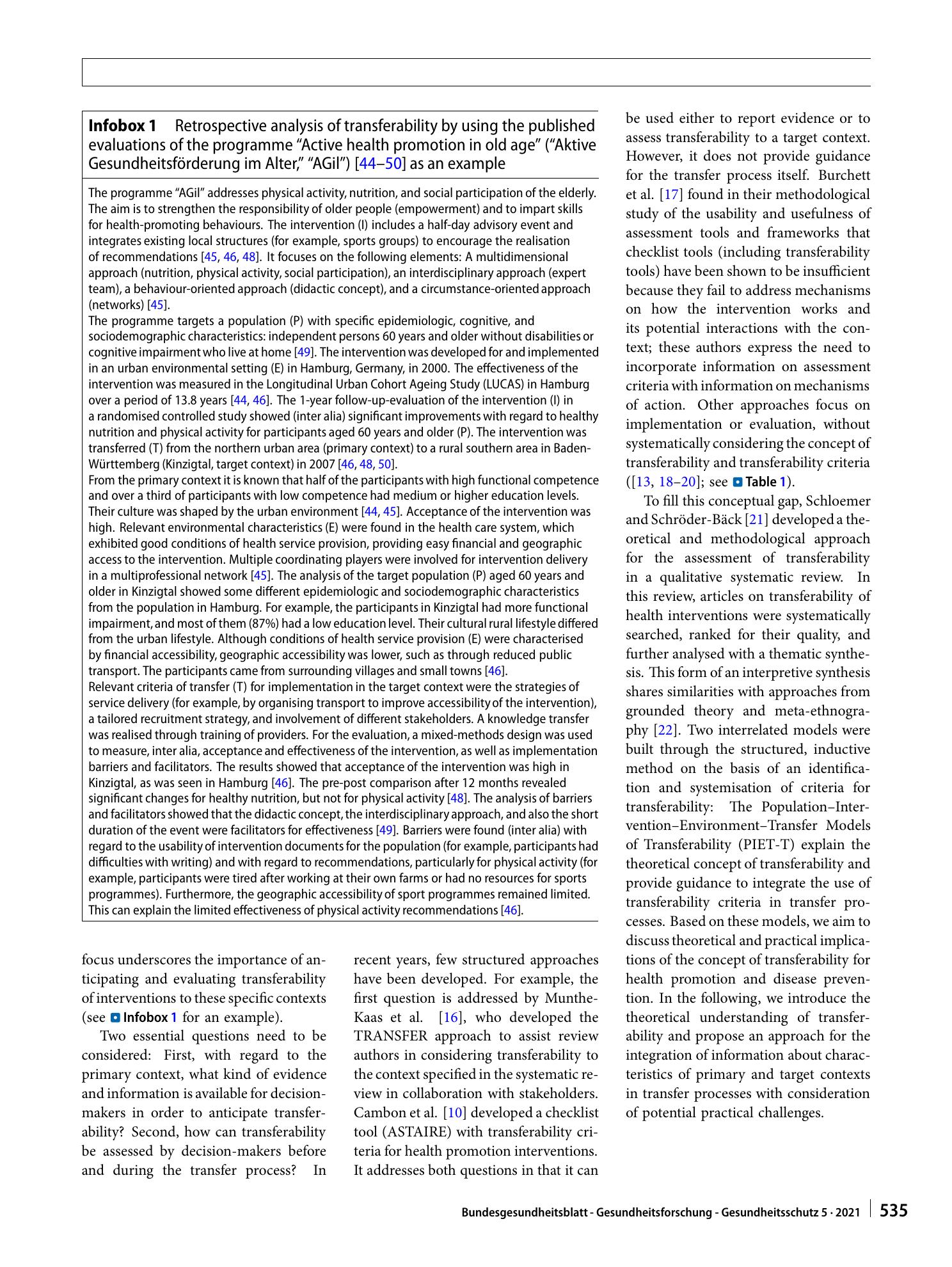 Vorschauseite 2: Implementation of evidence-based health promotion and disease prevention interventions: theoretical and practical implications of the concept of transferability for decision-makin…
