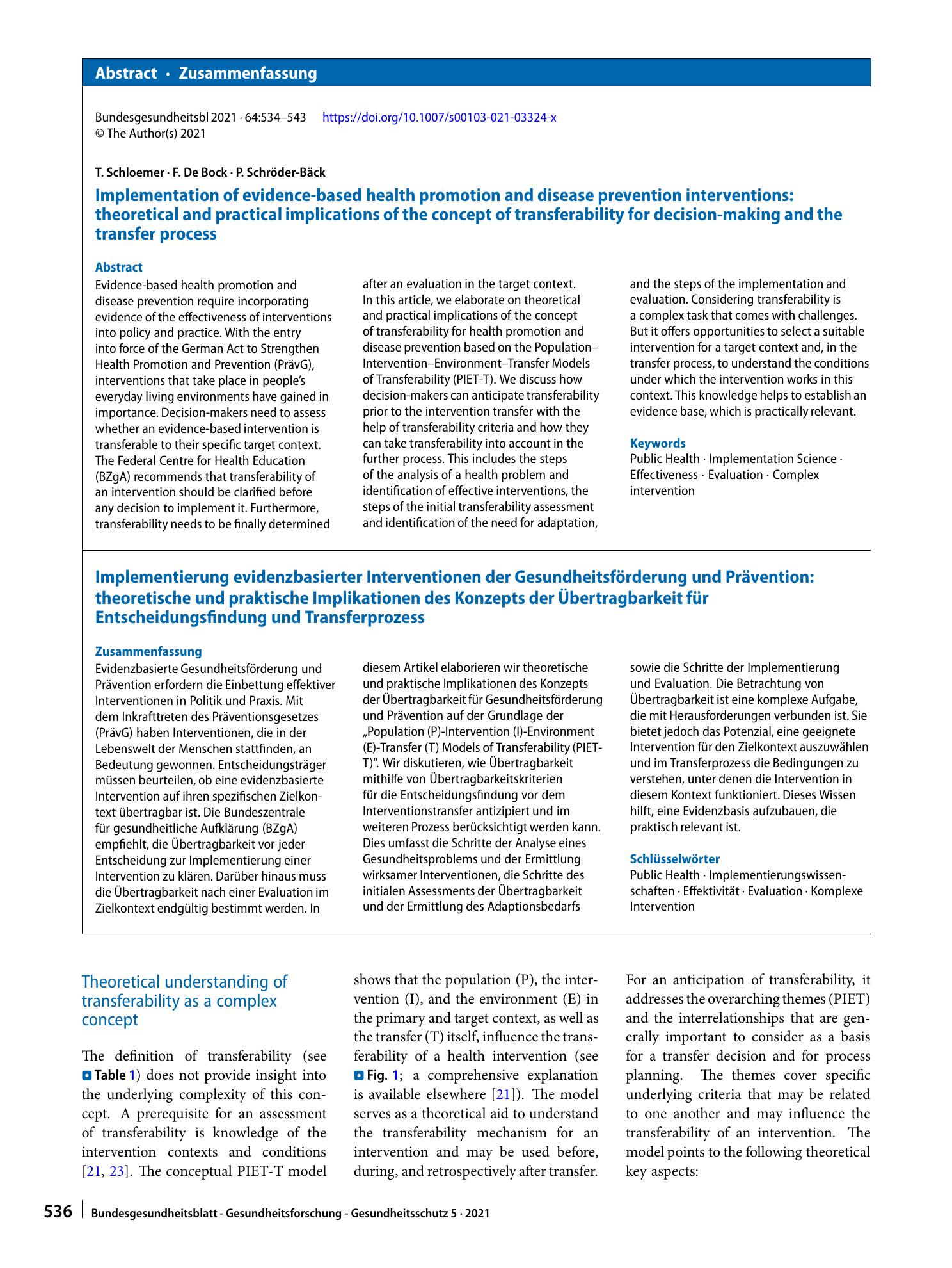 Vorschauseite 3: Implementation of evidence-based health promotion and disease prevention interventions: theoretical and practical implications of the concept of transferability for decision-makin…