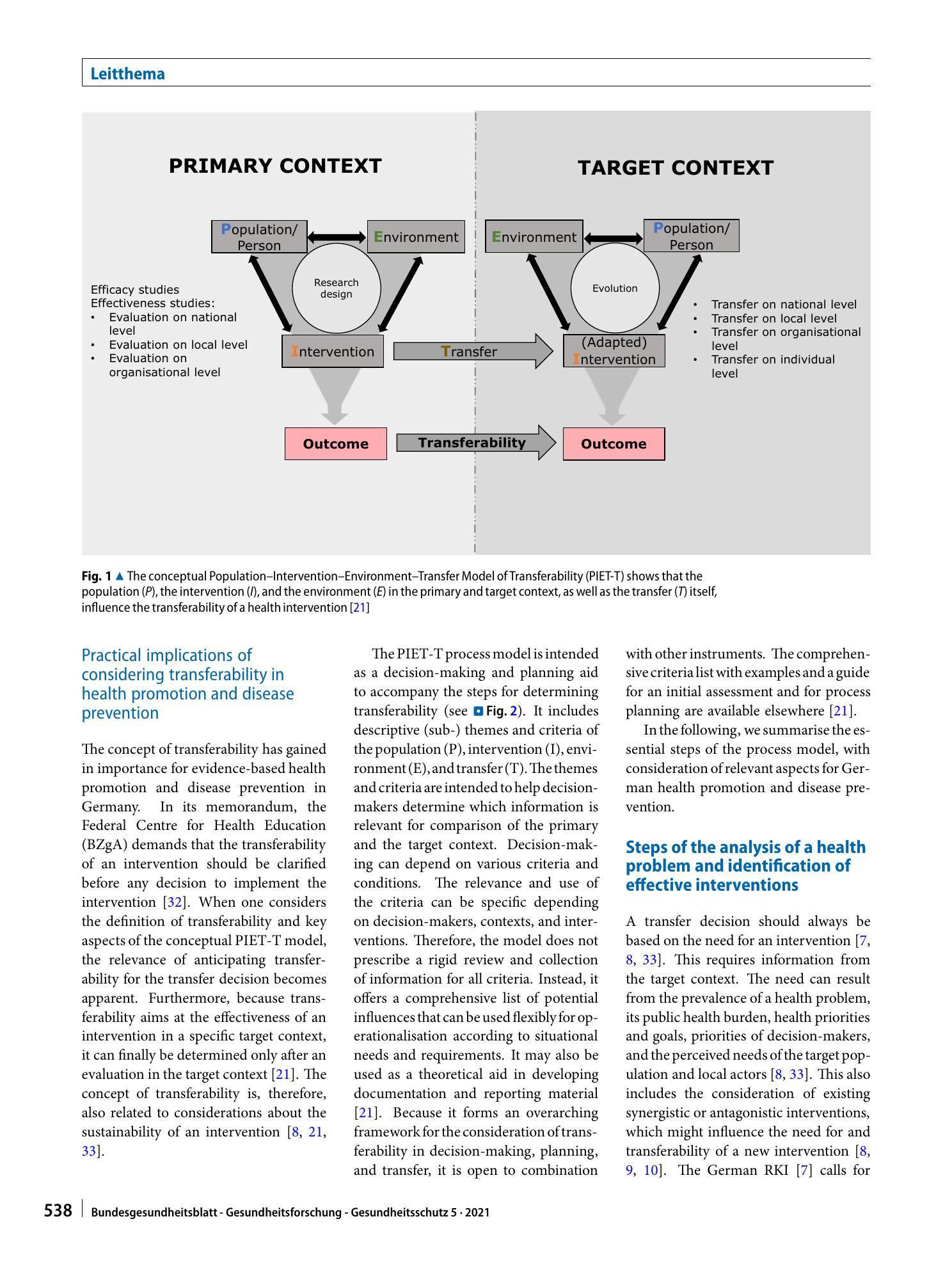 Vorschauseite 5: Implementation of evidence-based health promotion and disease prevention interventions: theoretical and practical implications of the concept of transferability for decision-makin…