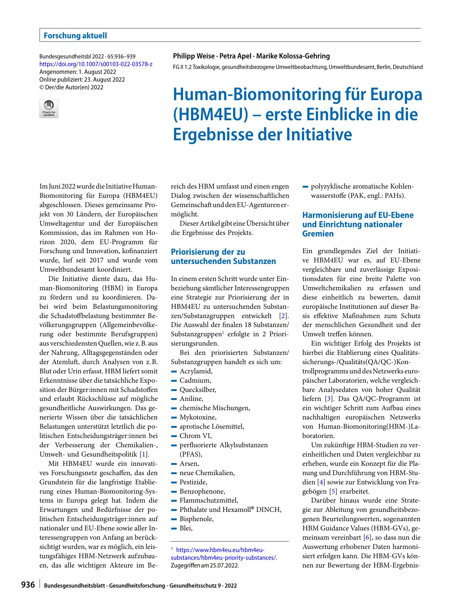 Vorschauseite 1: Human-Biomonitoring für Europa (HBM4EU) – erste Einblicke in die Ergebnisse der Initiative