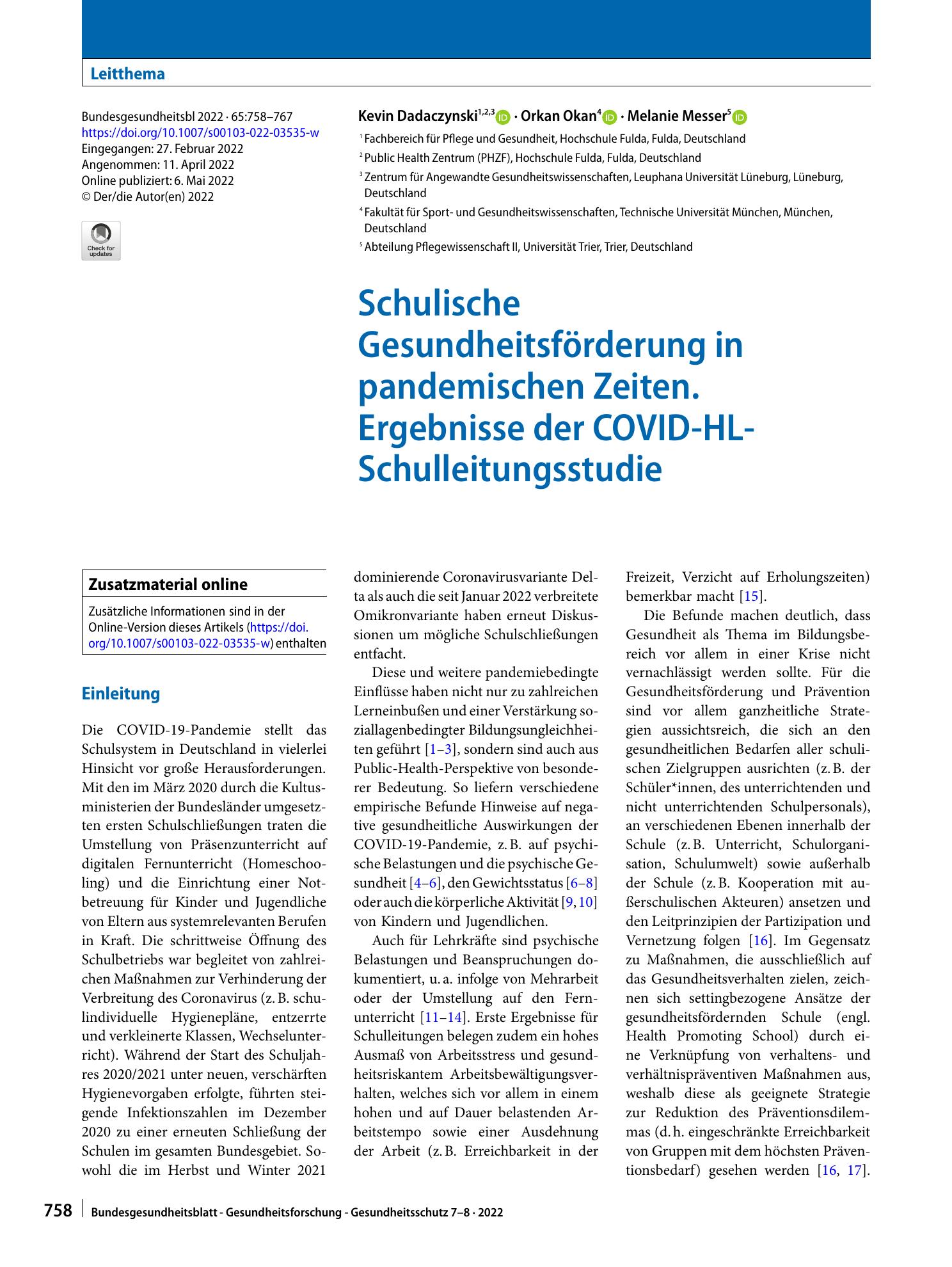 Vorschauseite 1: Schulische Gesundheitsförderung in pandemischen Zeiten. Ergebnisse der COVID-HL-Schulleitungsstudie