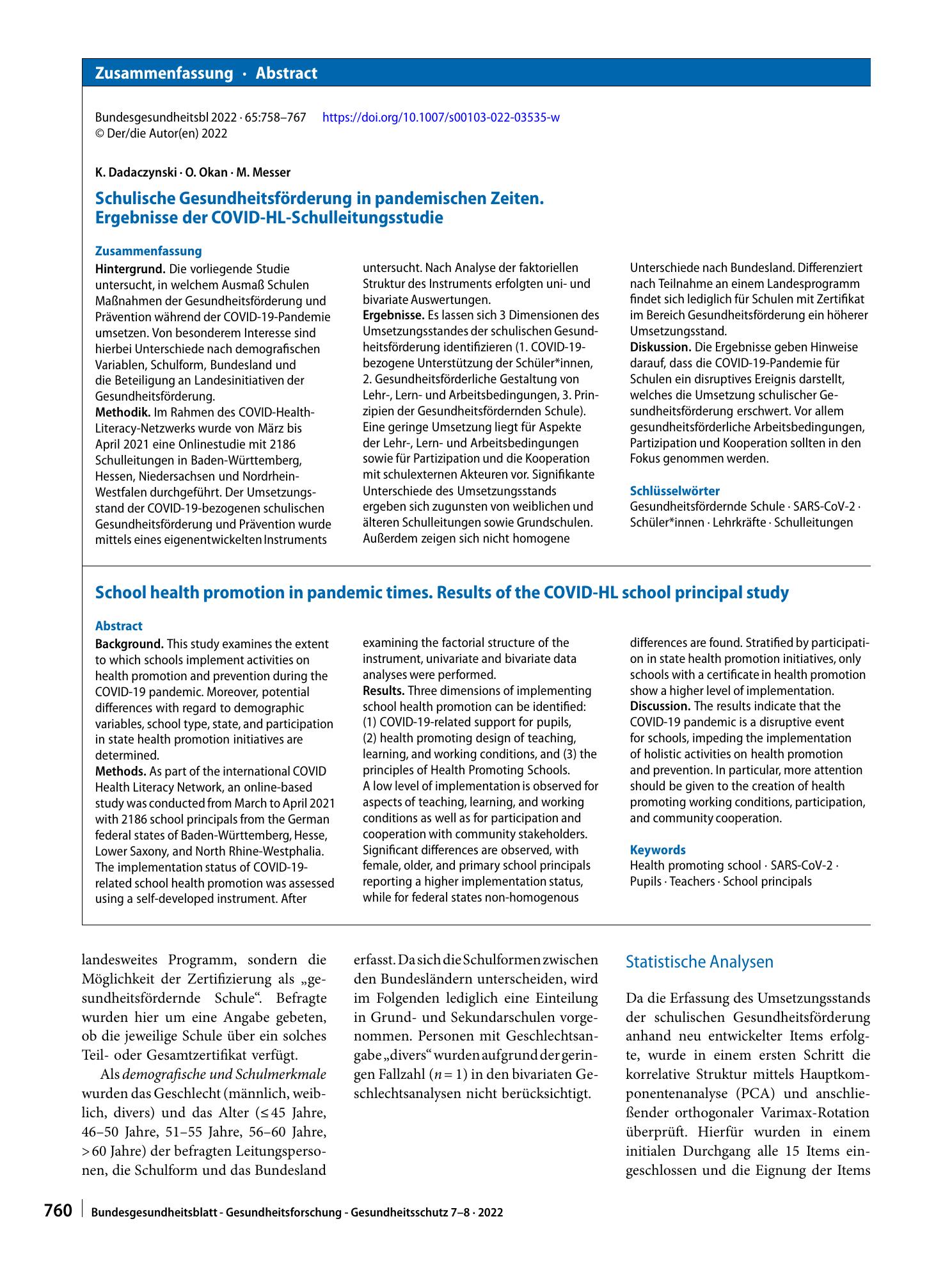 Vorschauseite 3: Schulische Gesundheitsförderung in pandemischen Zeiten. Ergebnisse der COVID-HL-Schulleitungsstudie