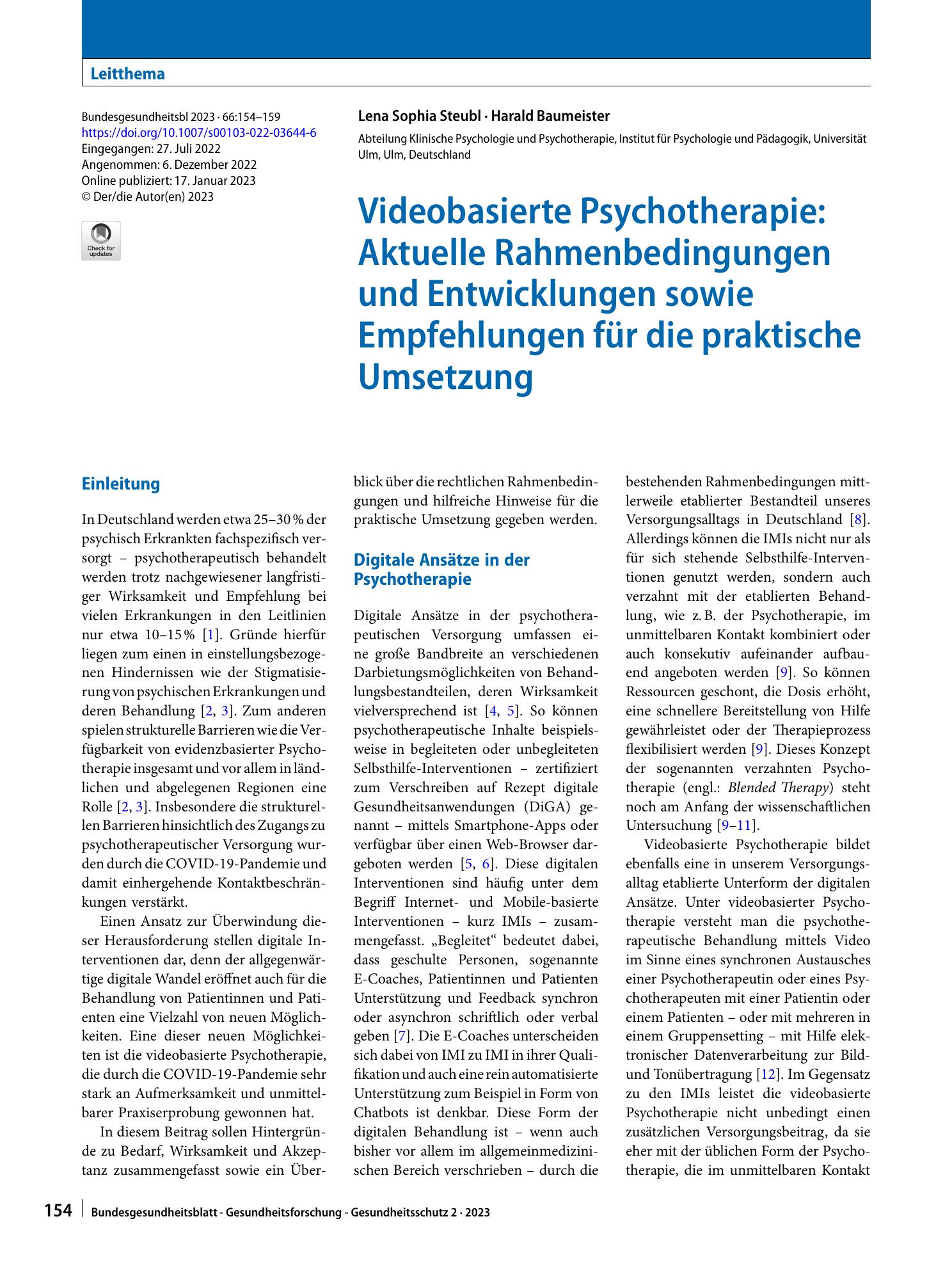 Vorschauseite 1: Videobasierte Psychotherapie: Aktuelle Rahmenbedingungen und Entwicklungen sowie Empfehlungen für die praktische Umsetzung