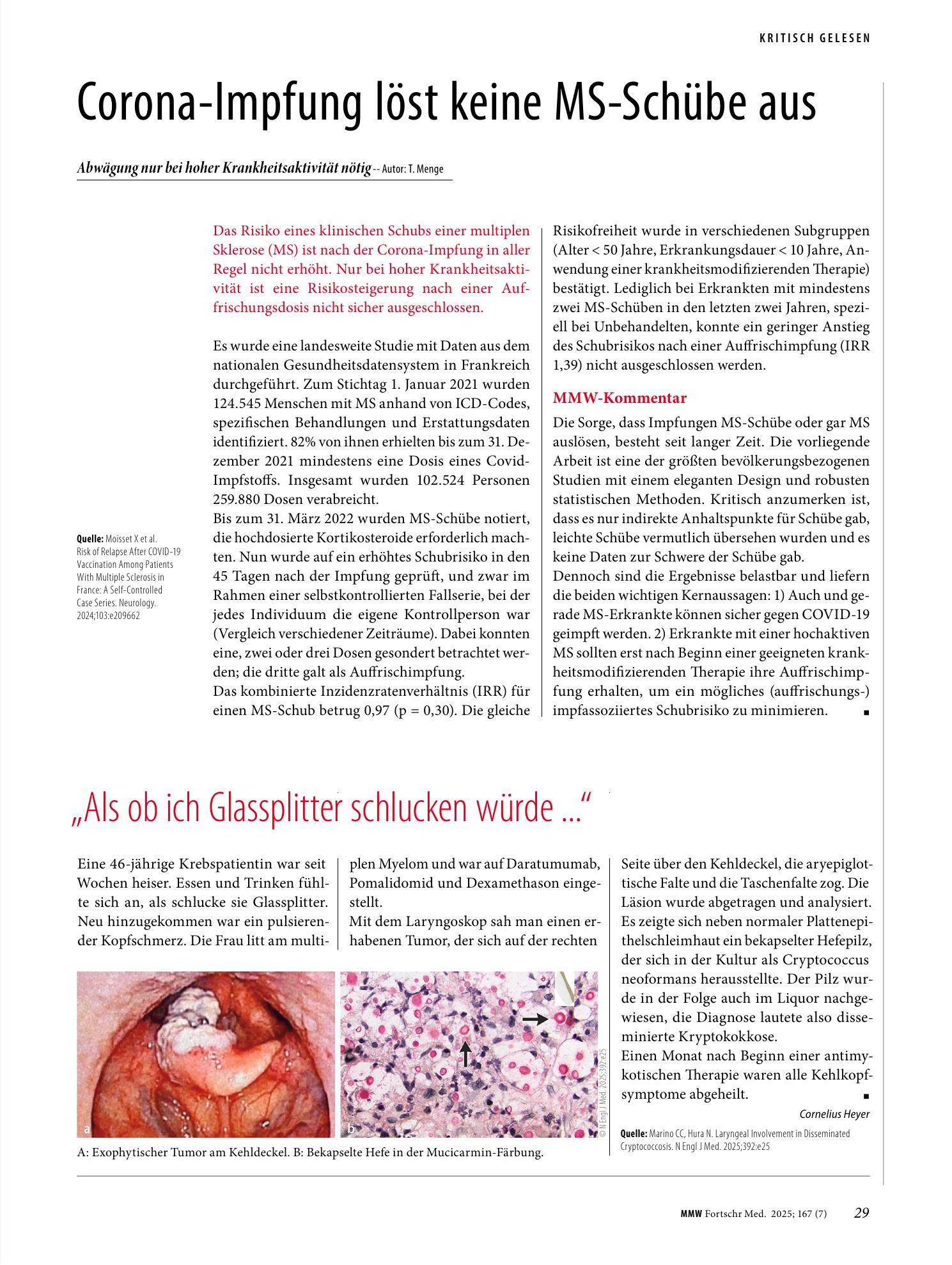 Vorschauseite 1: Corona-Impfung löst keine MS-Schübe aus
