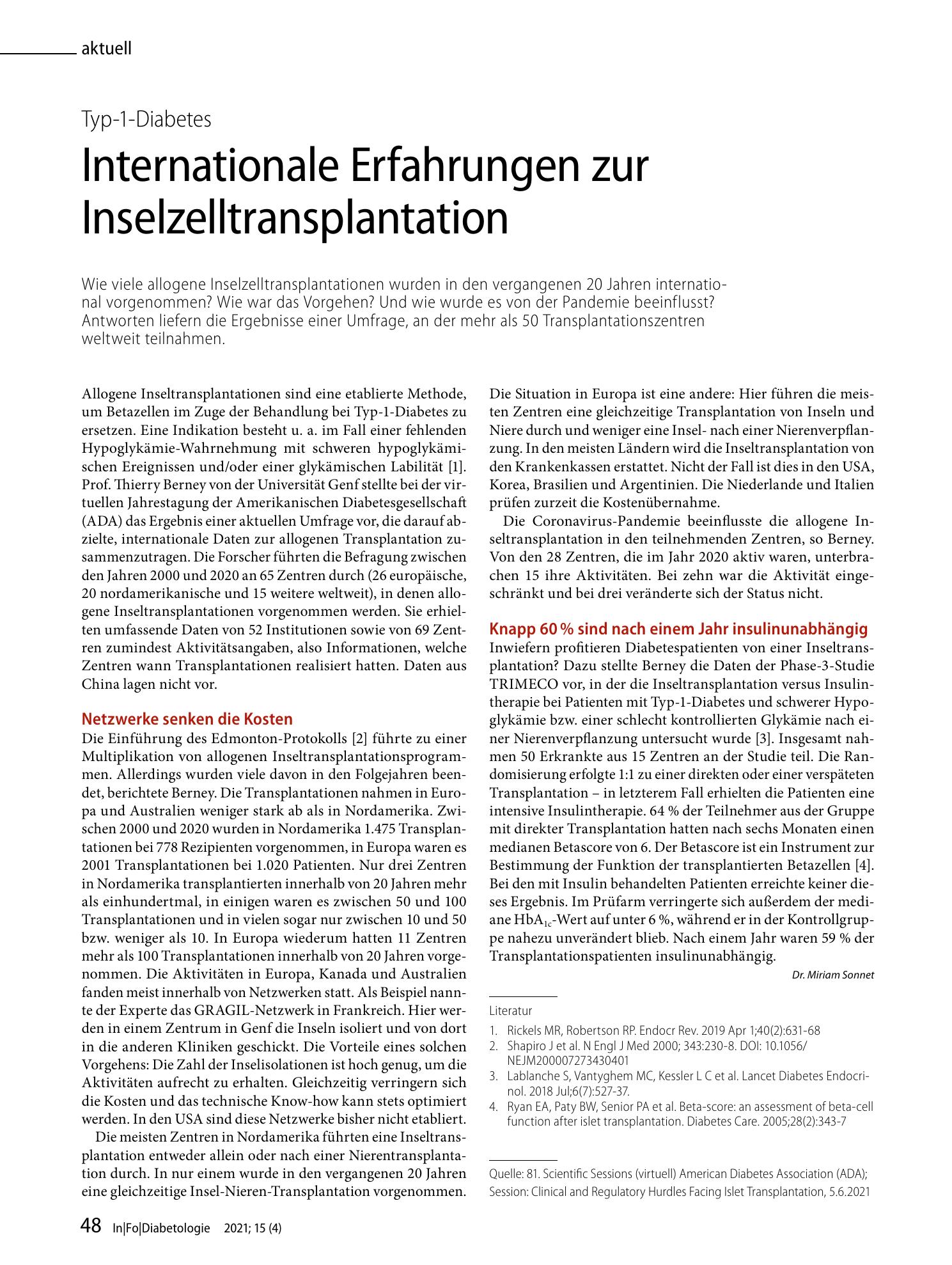 Vorschauseite 1: Internationale Erfahrungen zur Inselzelltransplantation