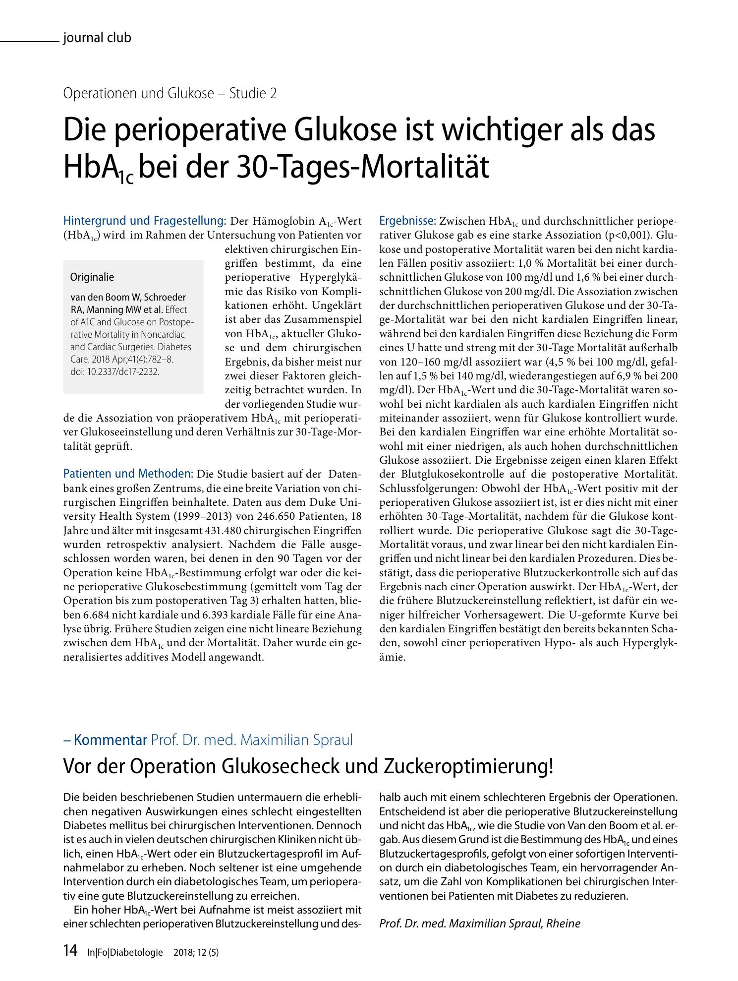 Vorschauseite 1: Die perioperative Glukose ist wichtiger als das HbA1c bei der 30-Tages-Mortalität