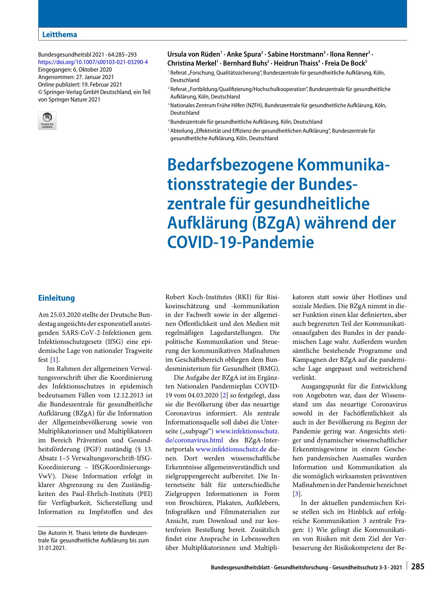 Vorschauseite 1: Bedarfsbezogene Kommunikationsstrategie der Bundeszentrale für gesundheitliche Aufklärung (BZgA) während der COVID-19-Pandemie