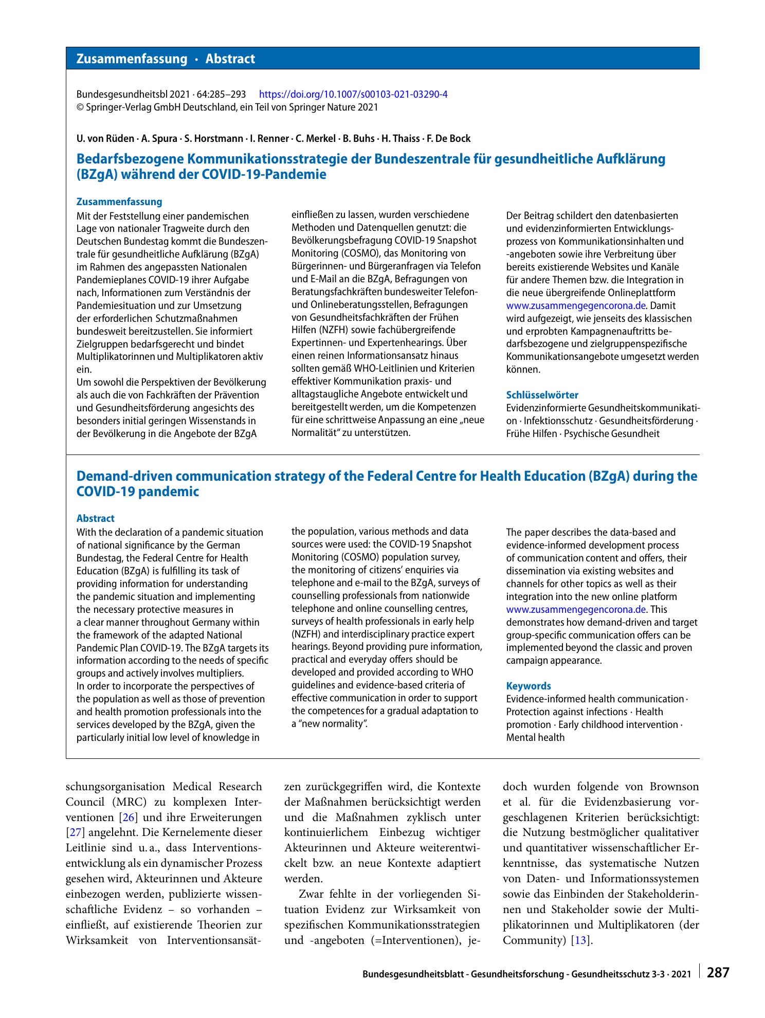 Vorschauseite 3: Bedarfsbezogene Kommunikationsstrategie der Bundeszentrale für gesundheitliche Aufklärung (BZgA) während der COVID-19-Pandemie