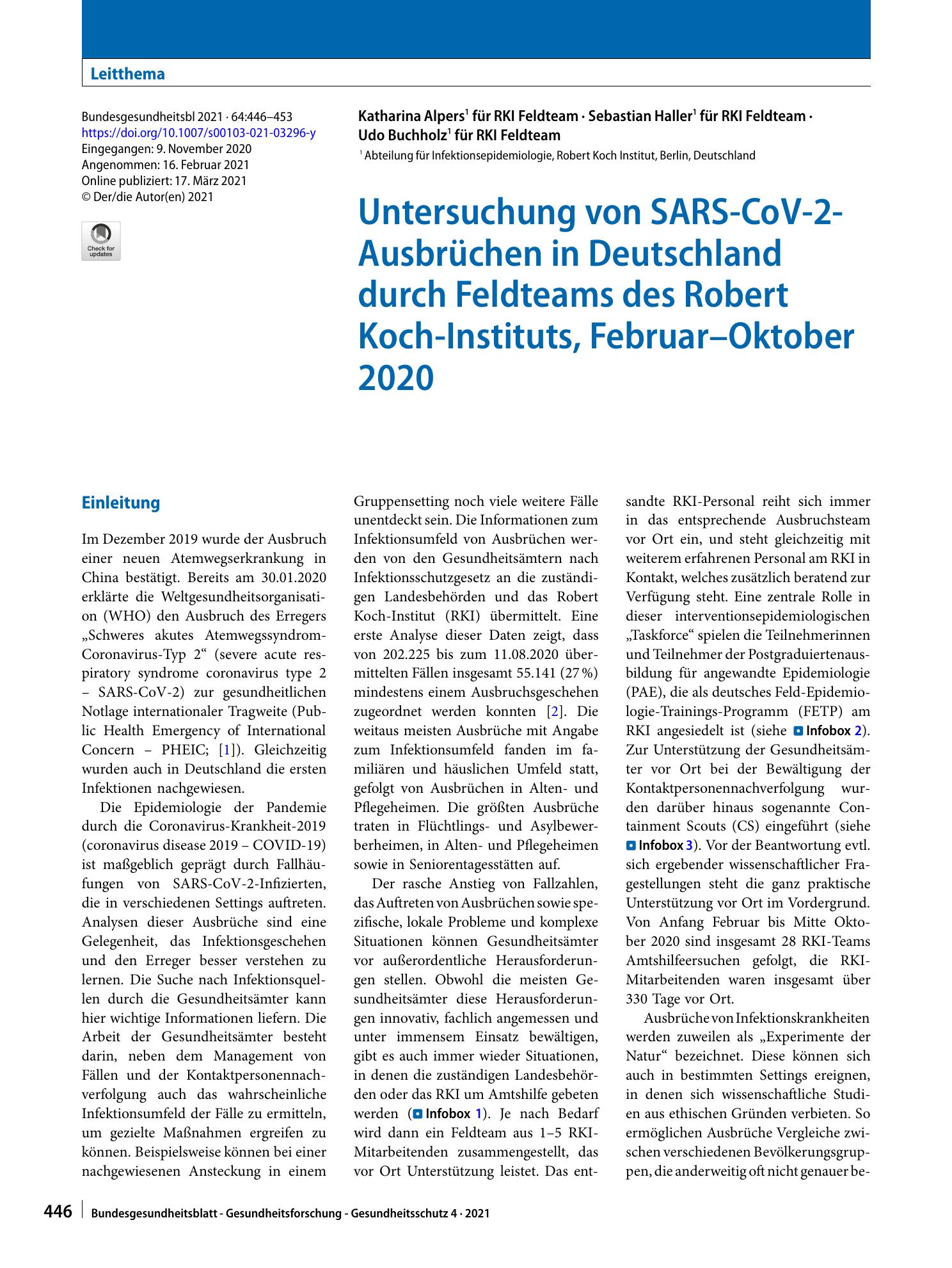 Vorschauseite 1: Untersuchung von SARS-CoV-2-Ausbrüchen in Deutschland durch Feldteams des Robert Koch-Instituts, Februar–Oktober 2020