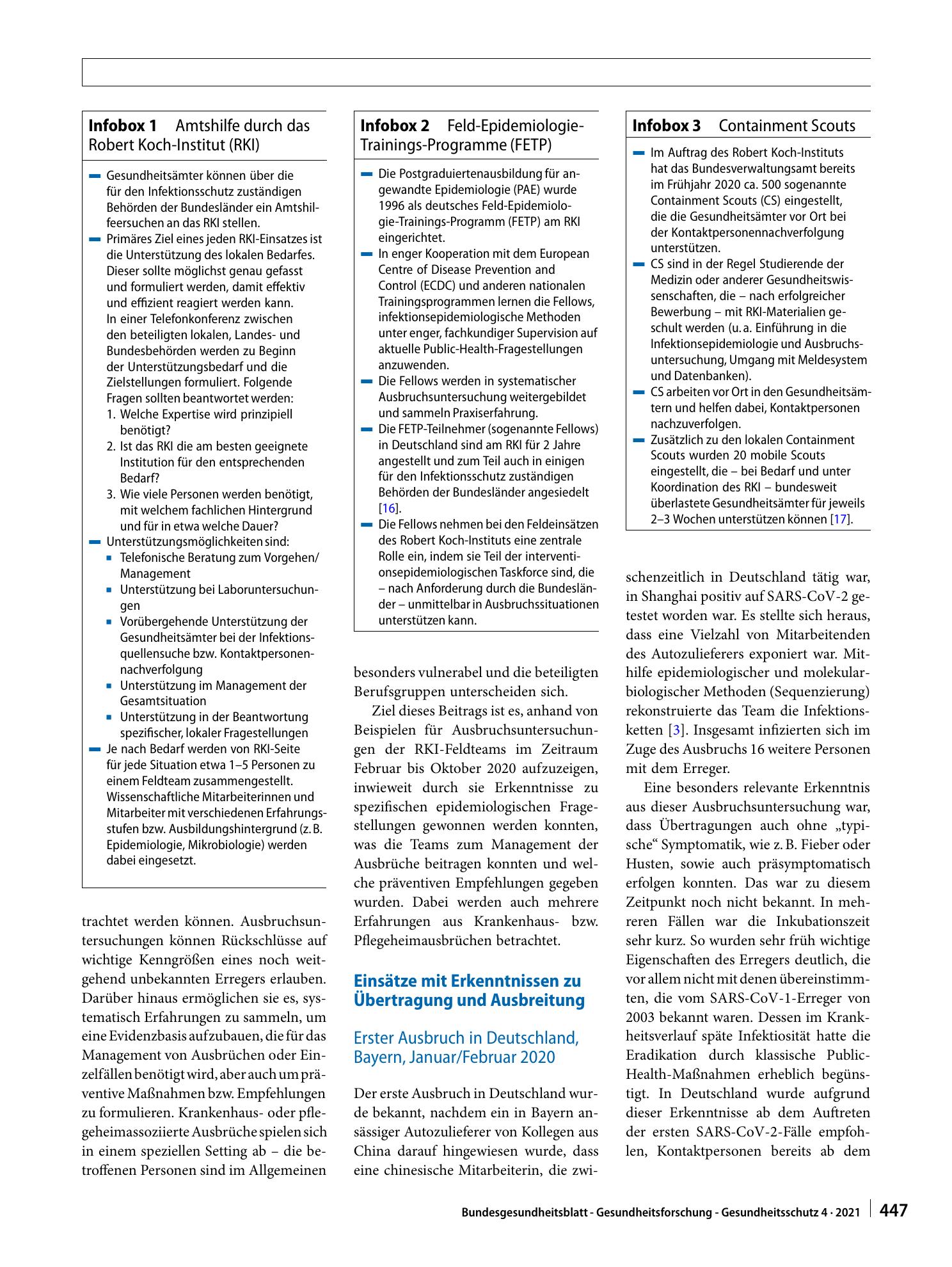 Vorschauseite 2: Untersuchung von SARS-CoV-2-Ausbrüchen in Deutschland durch Feldteams des Robert Koch-Instituts, Februar–Oktober 2020
