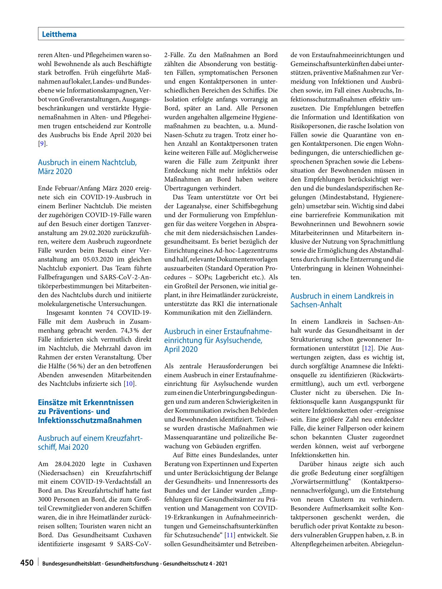 Vorschauseite 5: Untersuchung von SARS-CoV-2-Ausbrüchen in Deutschland durch Feldteams des Robert Koch-Instituts, Februar–Oktober 2020