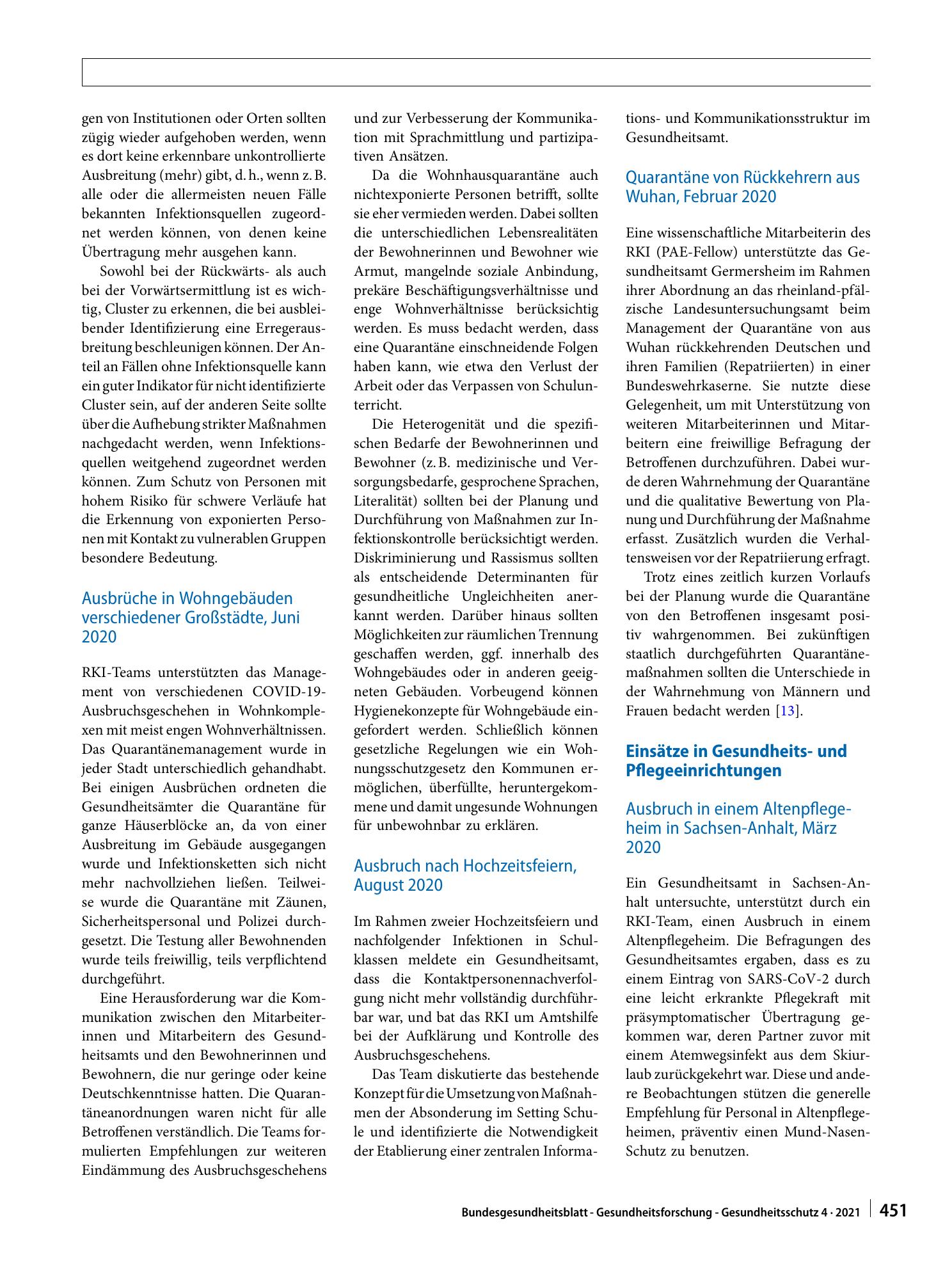 Vorschauseite 6: Untersuchung von SARS-CoV-2-Ausbrüchen in Deutschland durch Feldteams des Robert Koch-Instituts, Februar–Oktober 2020
